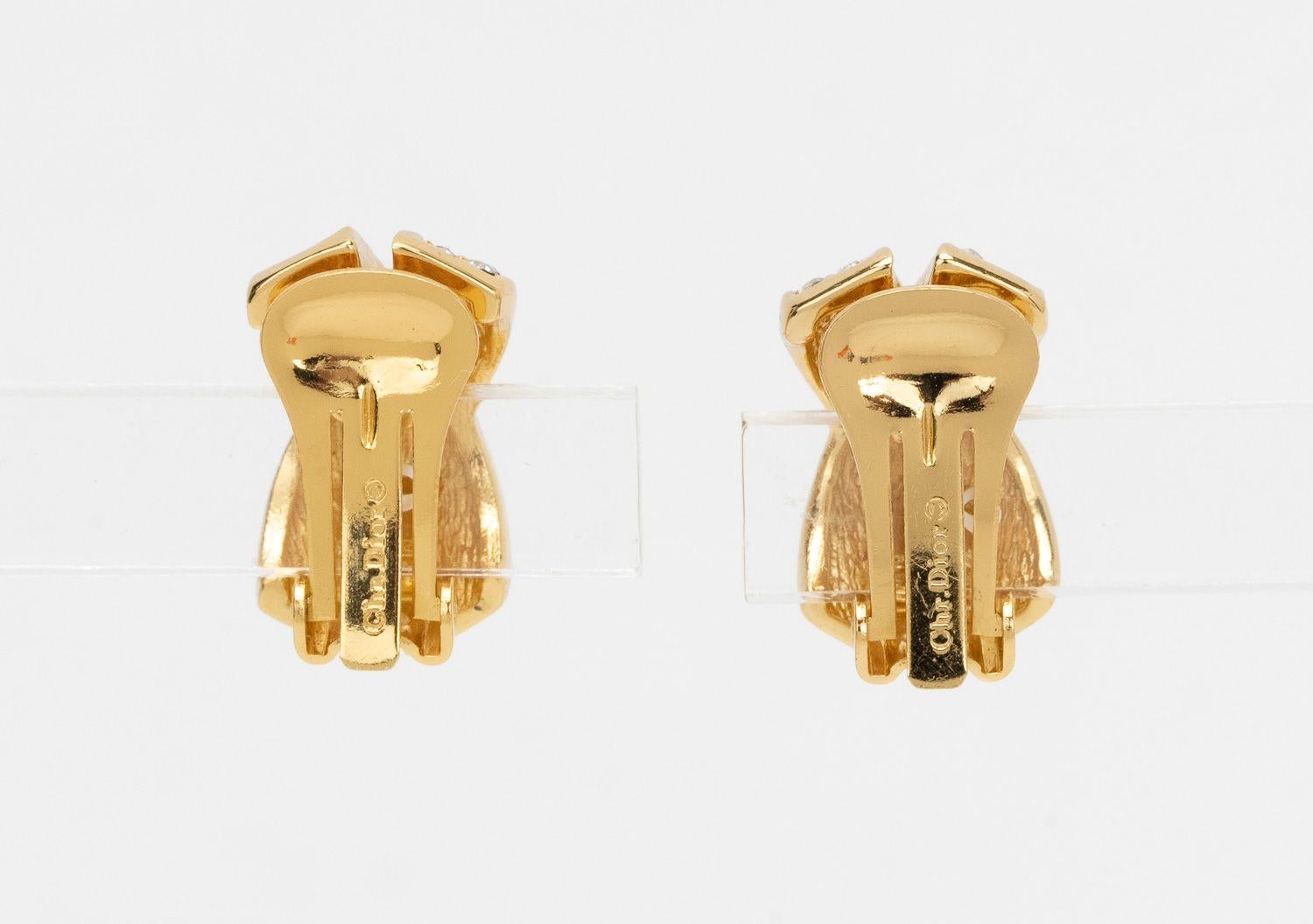 Dior Gold Rhinestone Clip Earrings In Excellent Condition For Sale In West Hollywood, CA