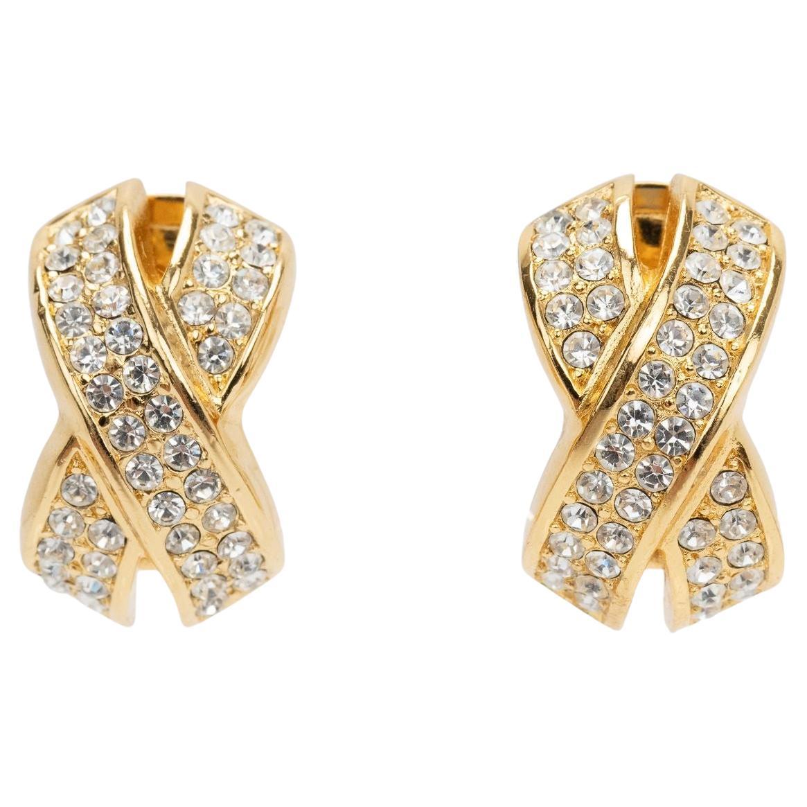 Dior Gold Rhinestone Clip Earrings For Sale