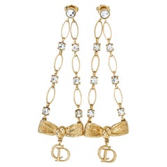 Dior Gold Tone Crystal CD Bow Charm Dangle Earrings