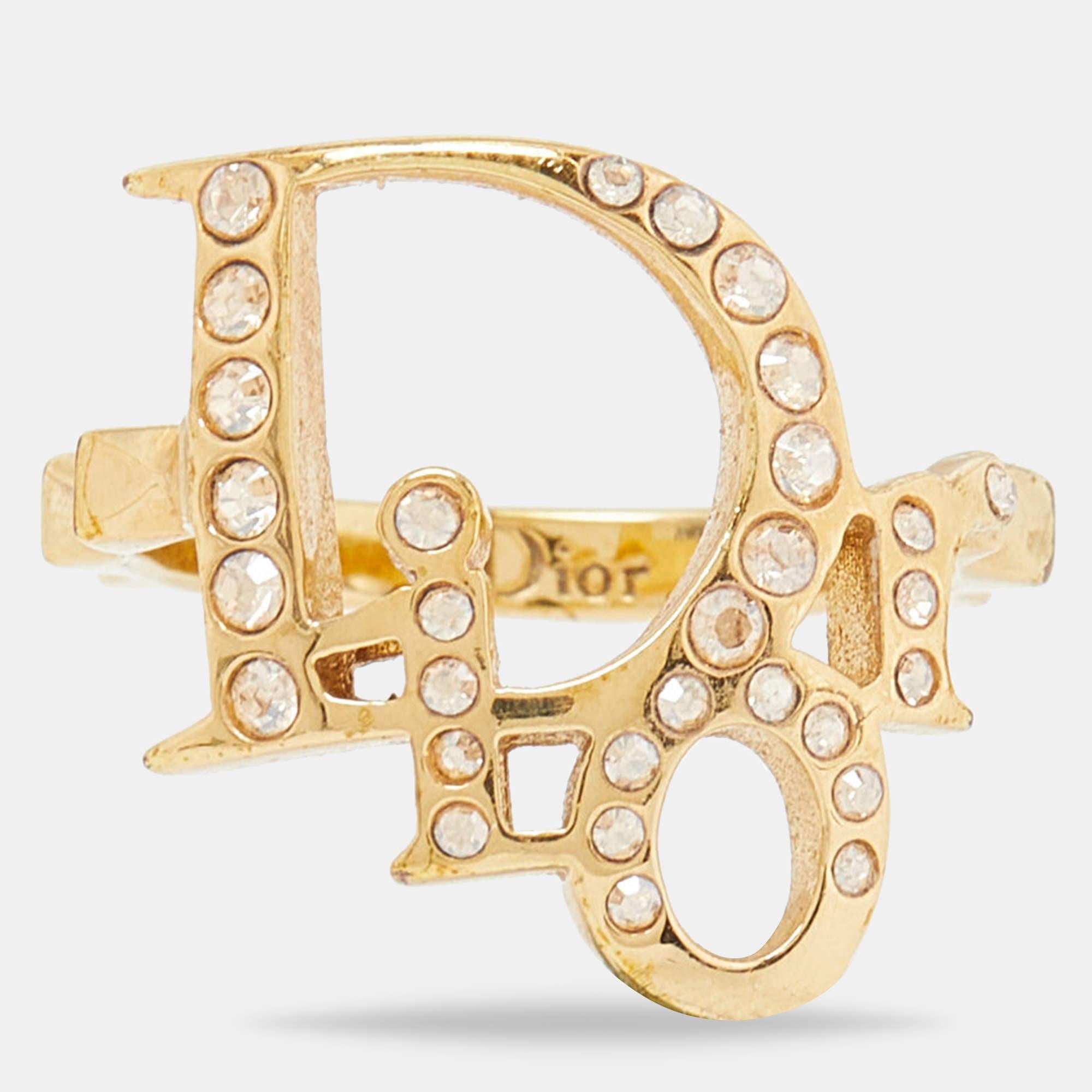 Dior Gold Tone Crystal Studded Oblique Ring Size 50 In Good Condition In Dubai, Al Qouz 2