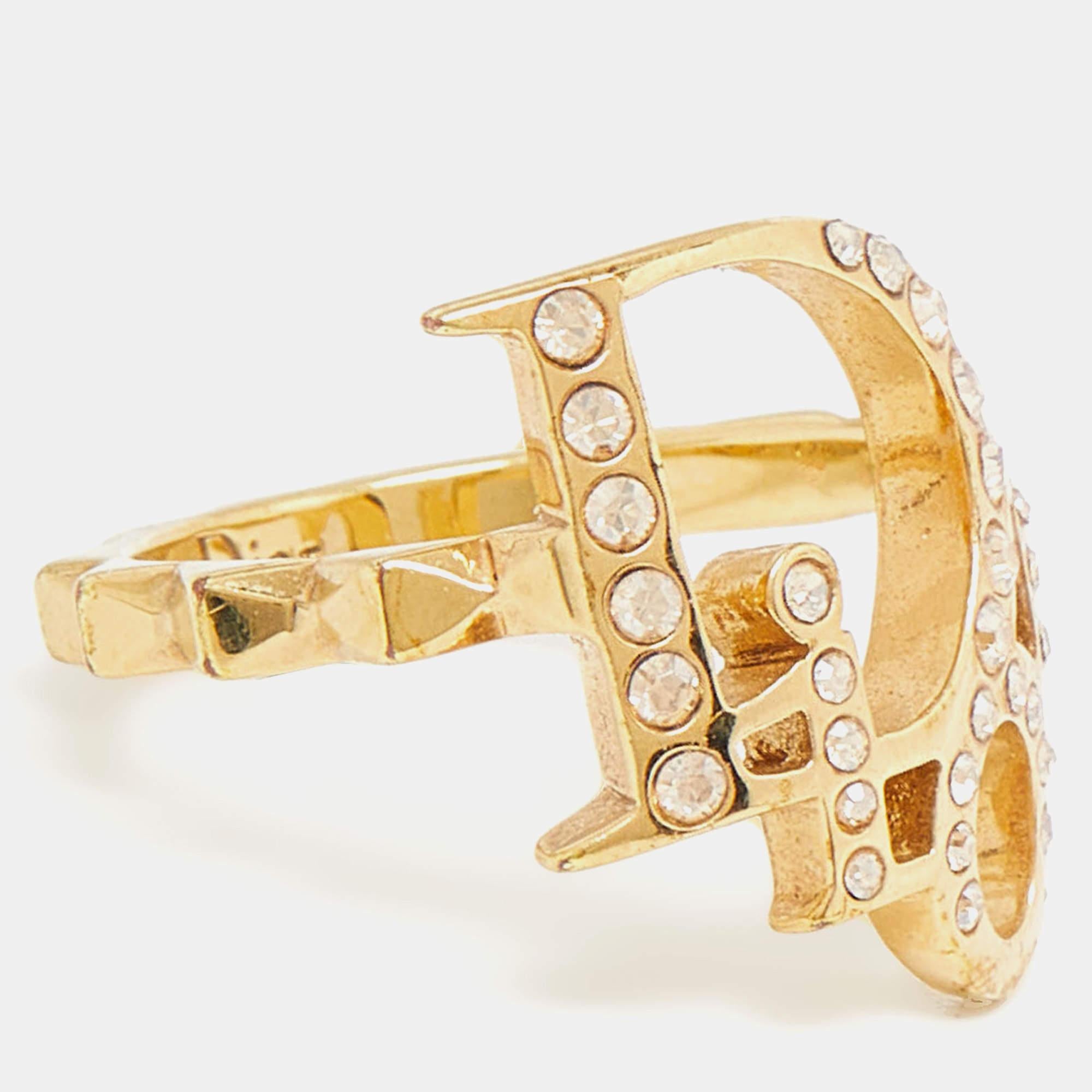 Women's Dior Gold Tone Crystal Studded Oblique Ring Size 50