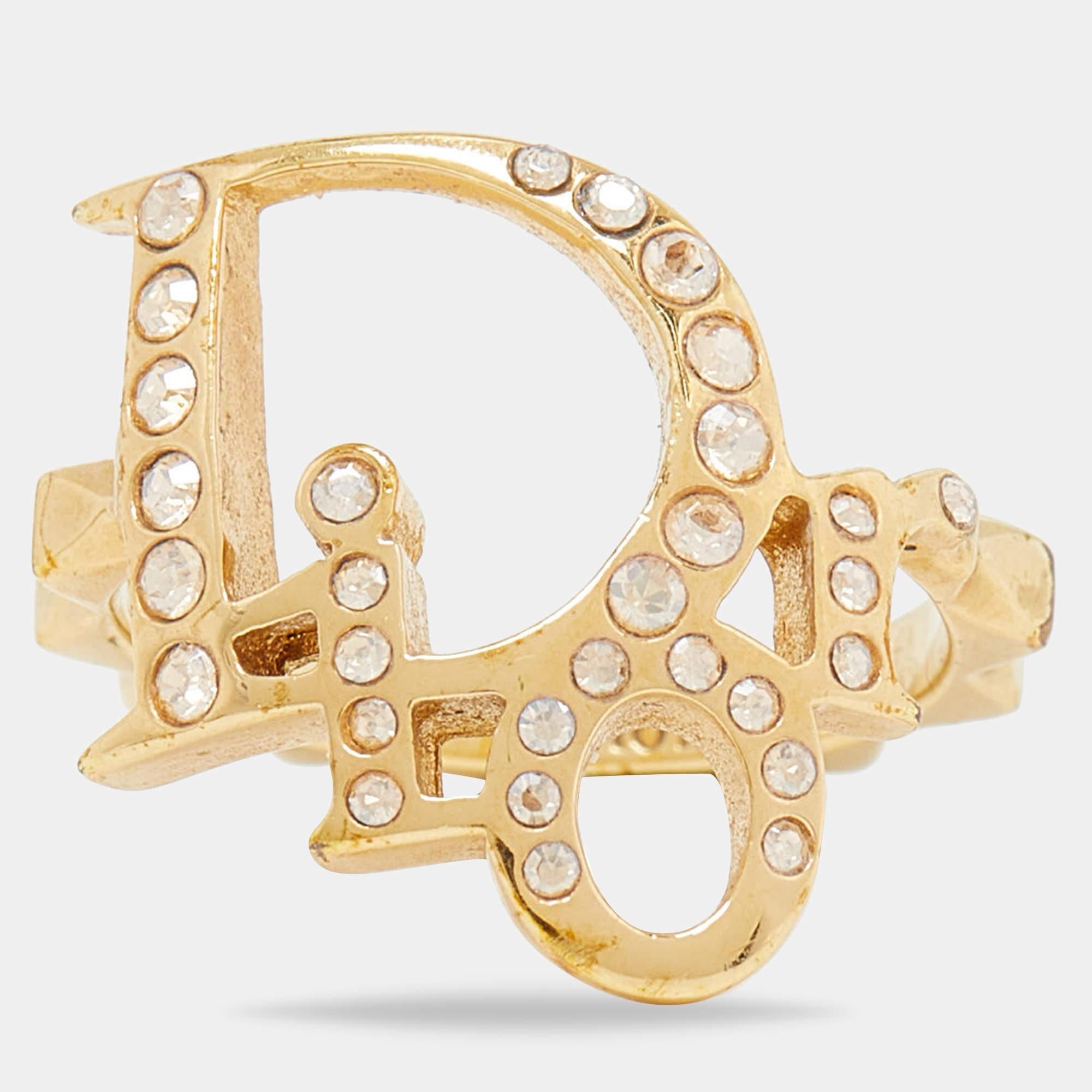 Dior Gold Tone Crystal Studded Oblique Ring Size 50 1