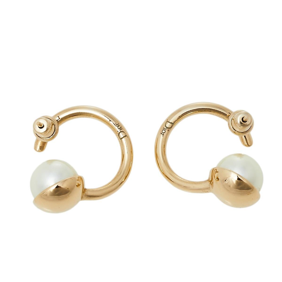 Contemporary Dior Gold Tone Metal Faux Pearl & Crystal Hoop Earrings