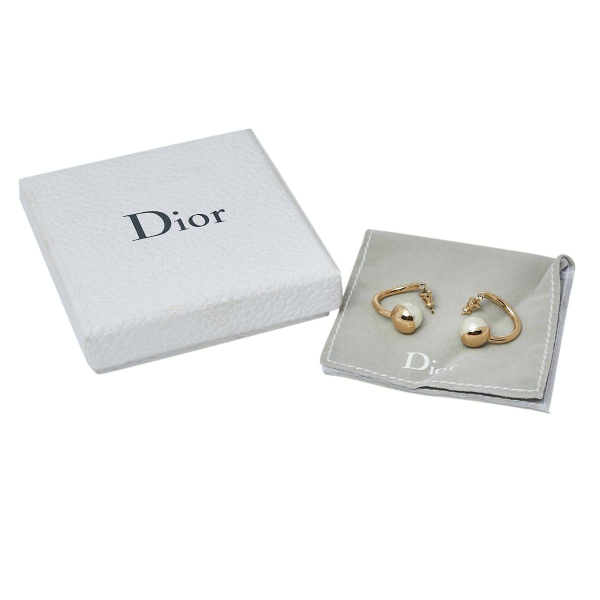 Dior Gold Tone Metal Faux Pearl & Crystal Hoop Earrings In Good Condition In Dubai, Al Qouz 2