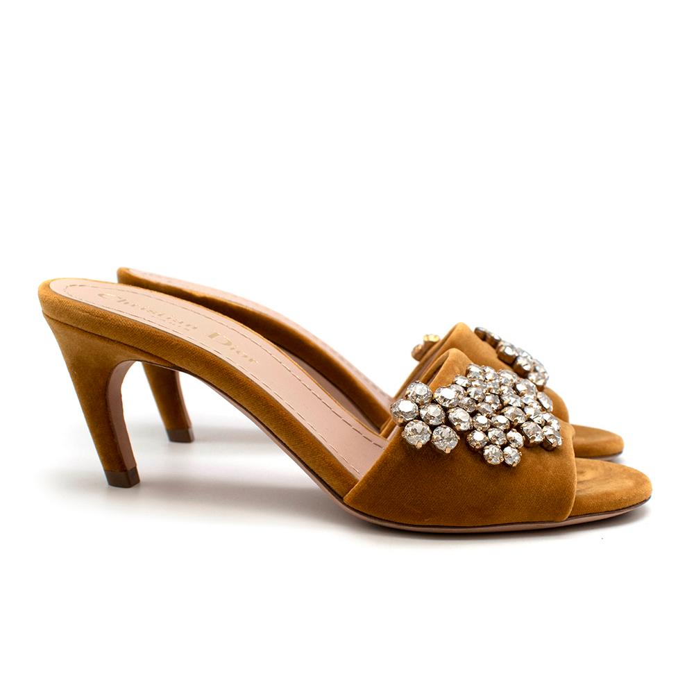 Dior Gold Velvet Crystal Embellished Kitten Heel Mules

- Small kitten heel with an open back 
- Crystal embellishments on the front of the toes
- Almond toe shape
- Cream leather sole lining
- Plush velvet texture

Made in Italy

Fabric