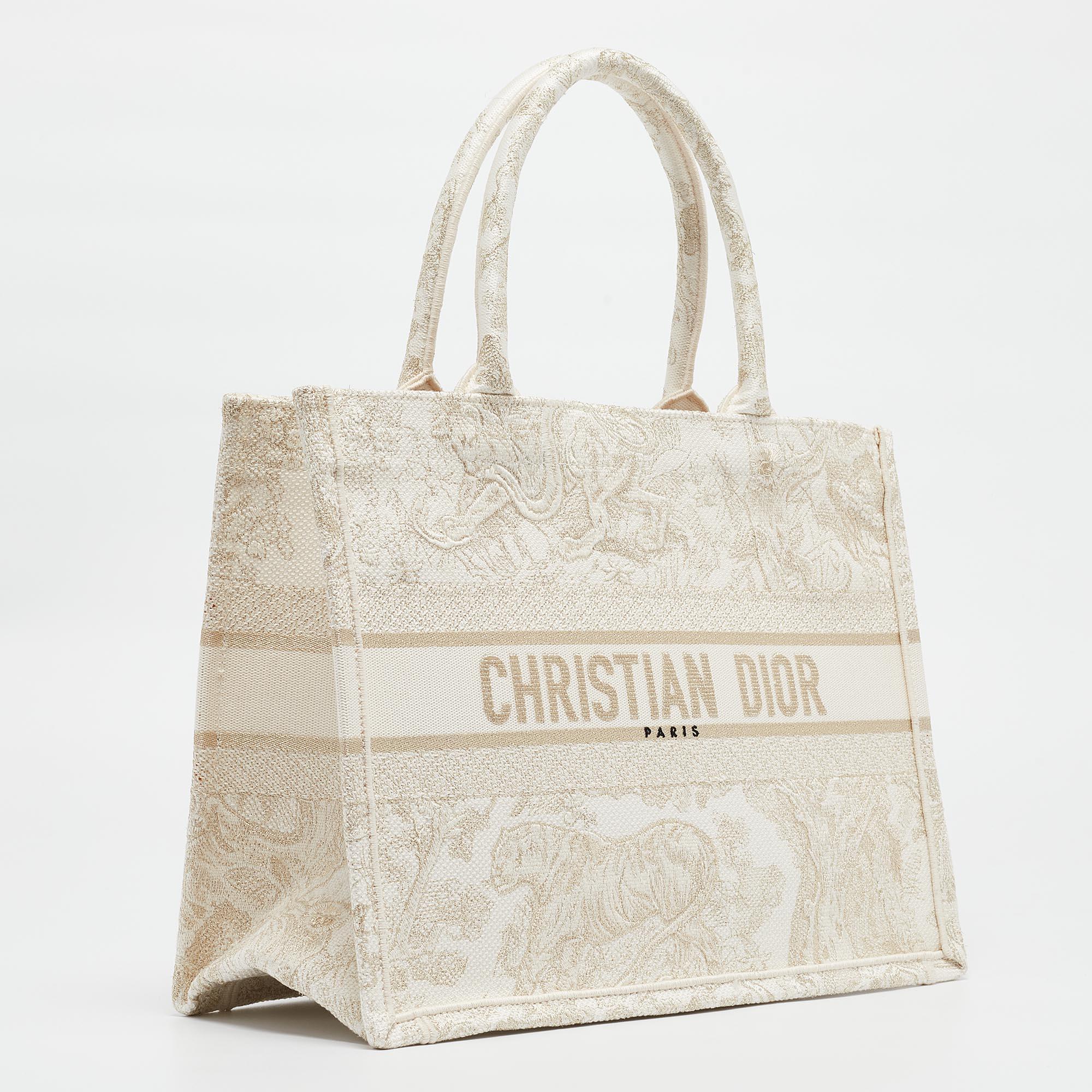 Dior Gold/White Toile De Jouy Embroidered Canvas Medium Book Tote In Fair Condition In Dubai, Al Qouz 2