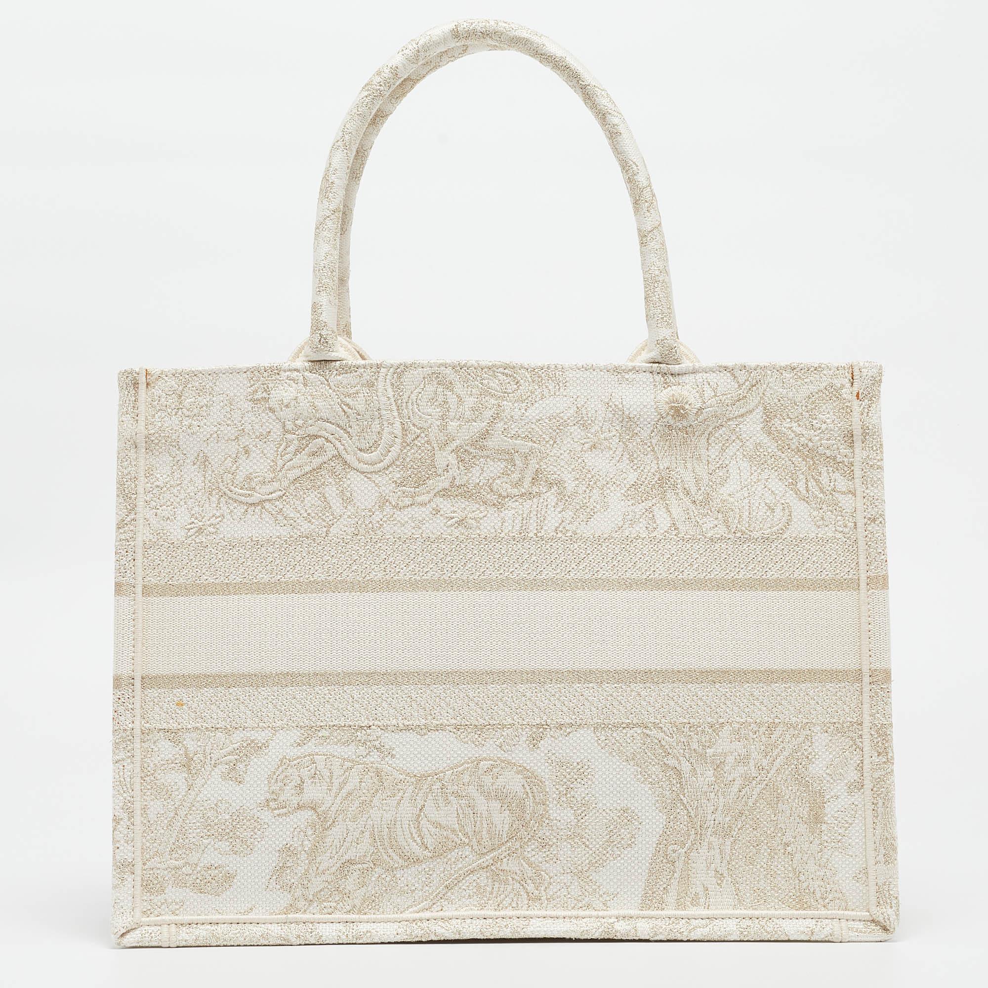 Women's Dior Gold/White Toile De Jouy Embroidered Canvas Medium Book Tote