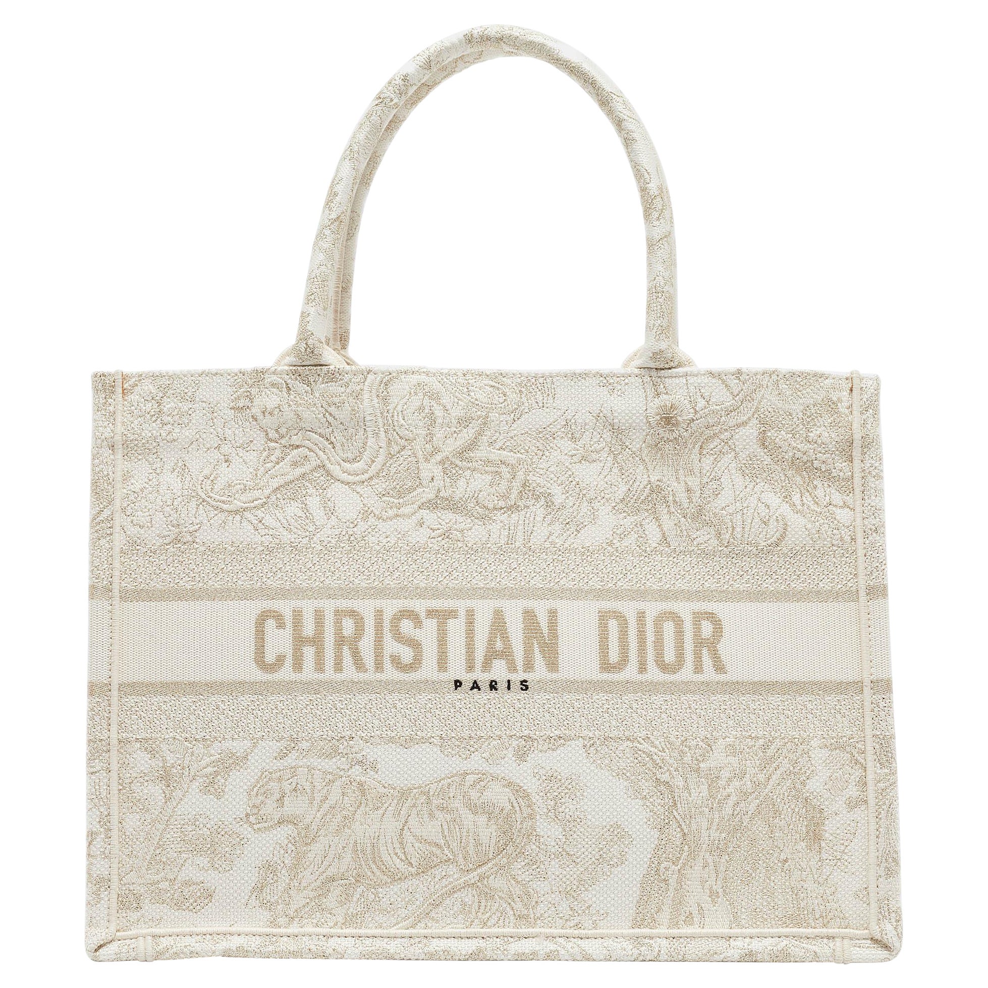 Dior Gold/White Toile De Jouy Embroidered Canvas Medium Book Tote