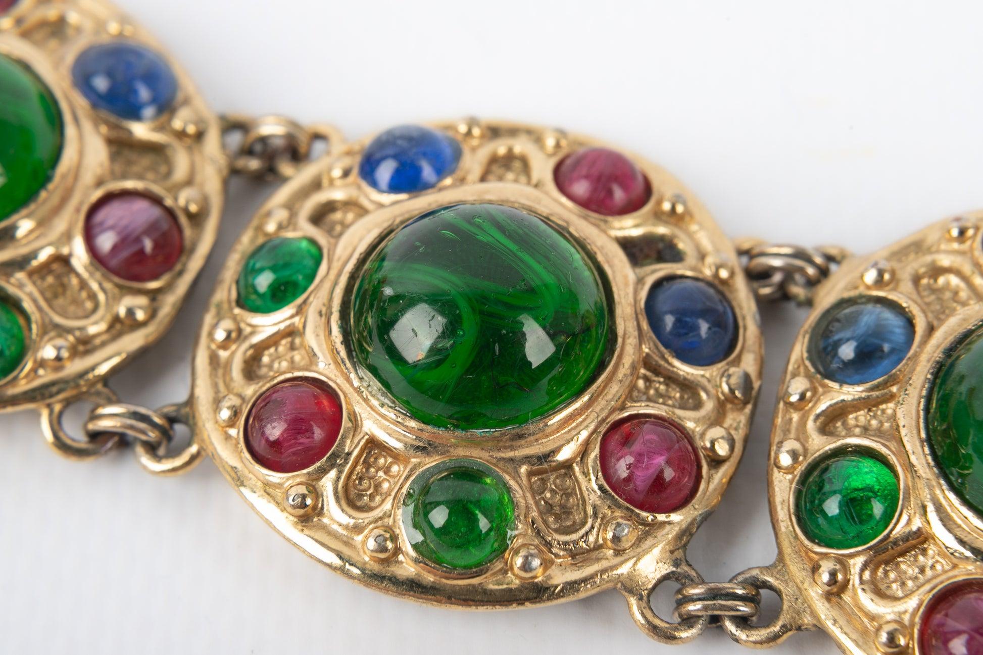 Dior Golden Metal Articulated Bracelet with Glass Paste Cabochons In Excellent Condition For Sale In SAINT-OUEN-SUR-SEINE, FR