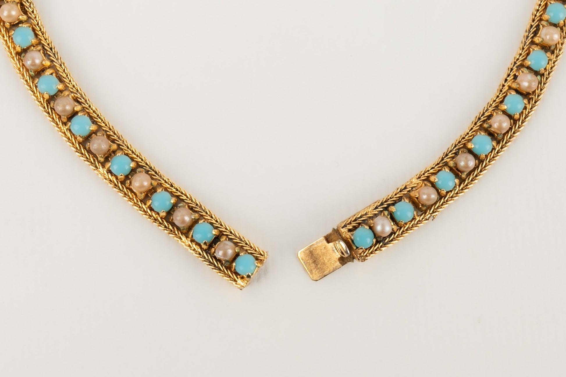 Dior Golden Metal Necklace with Costume Pearly Cabochons, 1965 For Sale 3