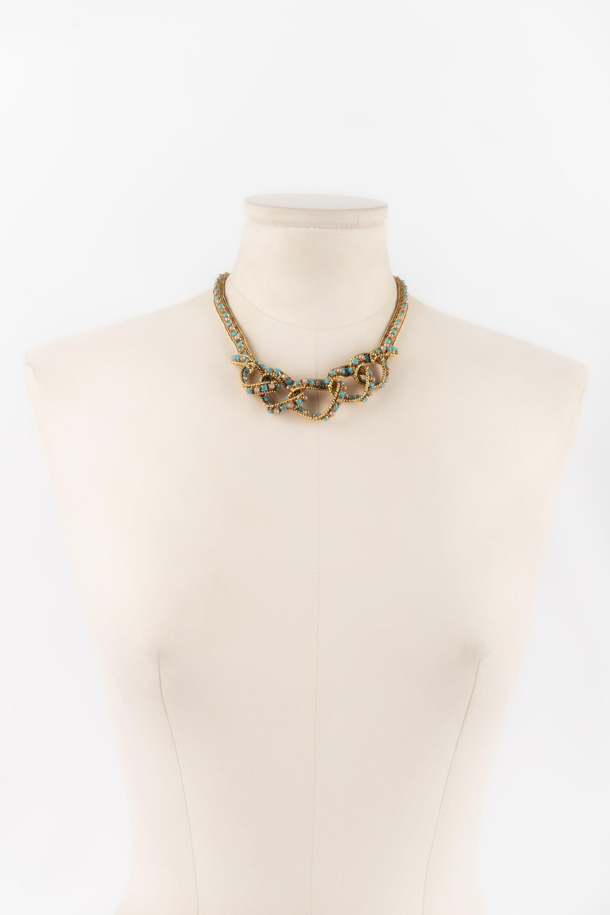 Dior Golden Metal Necklace with Costume Pearly Cabochons, 1965 For Sale 4