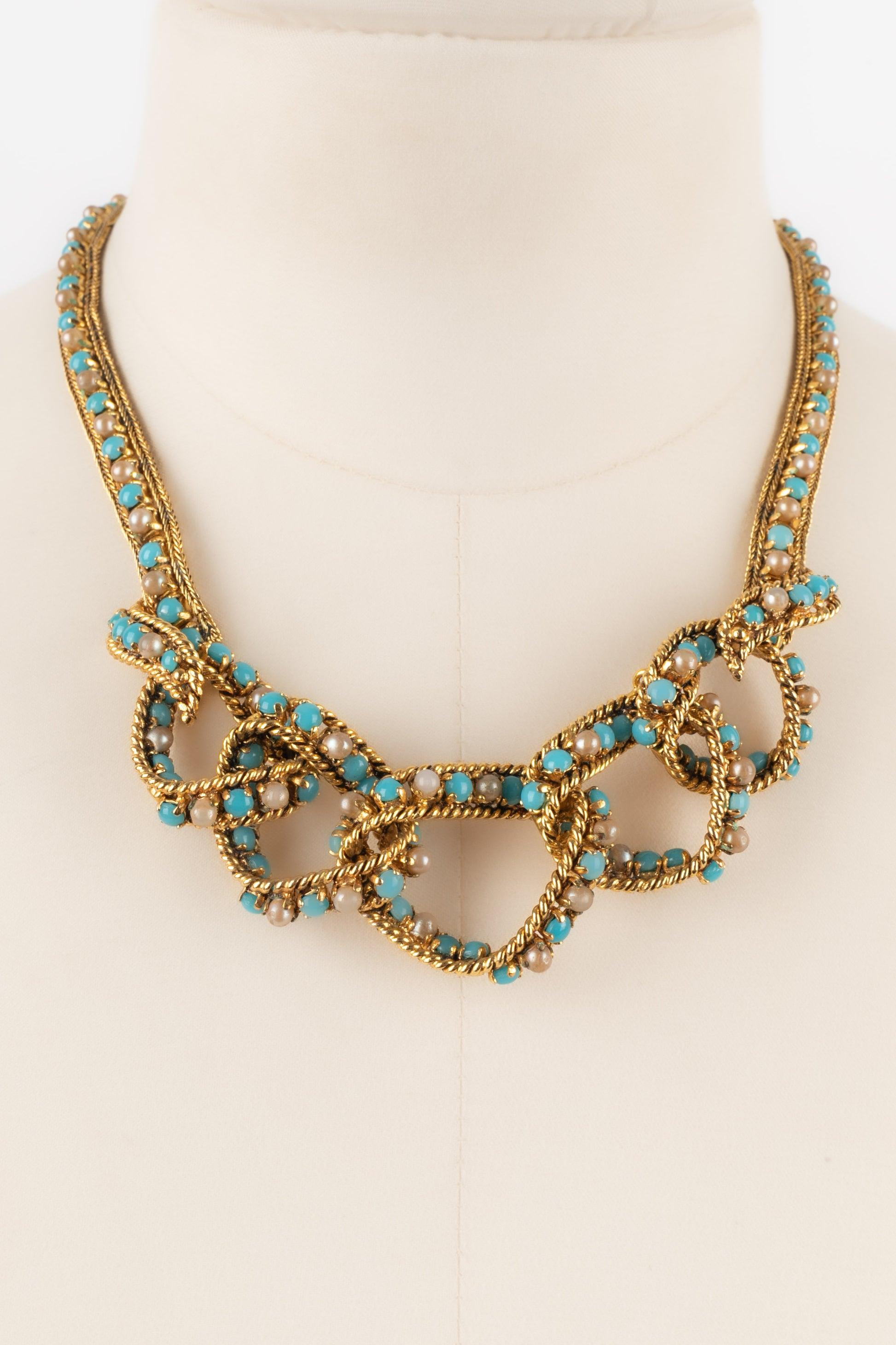 Dior Golden Metal Necklace with Costume Pearly Cabochons, 1965 For Sale 5