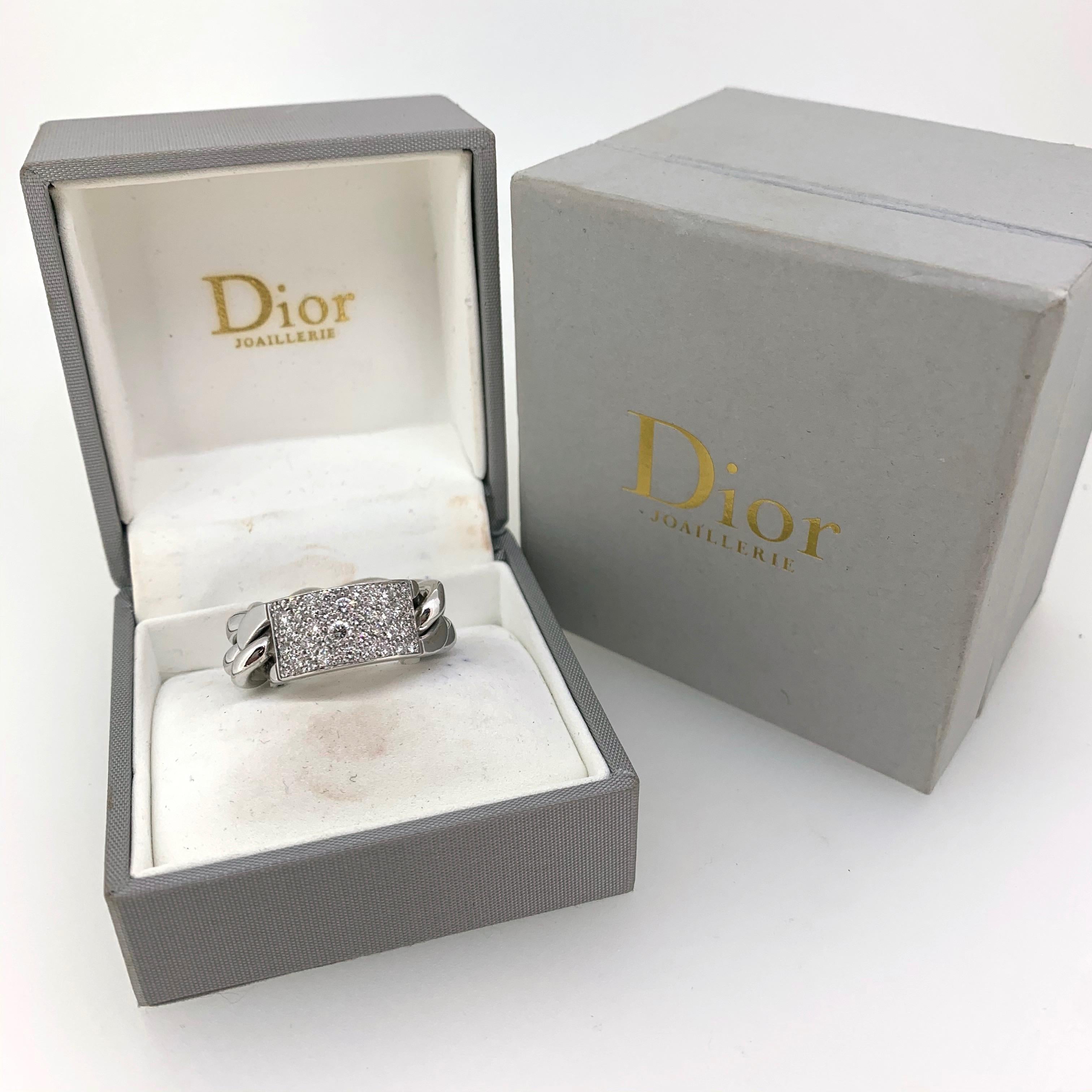 Women's or Men's Dior Gourmette Diamonds Pave White Gold Chain Link Ring Large Model