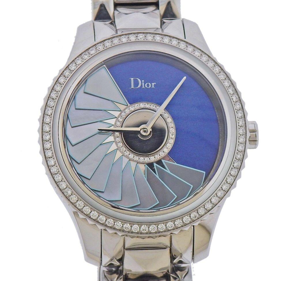 Stainless Steel diamond MOP ladies automatic watch made by Dior. Case 38mm, stainless steel band will fit up to 8
