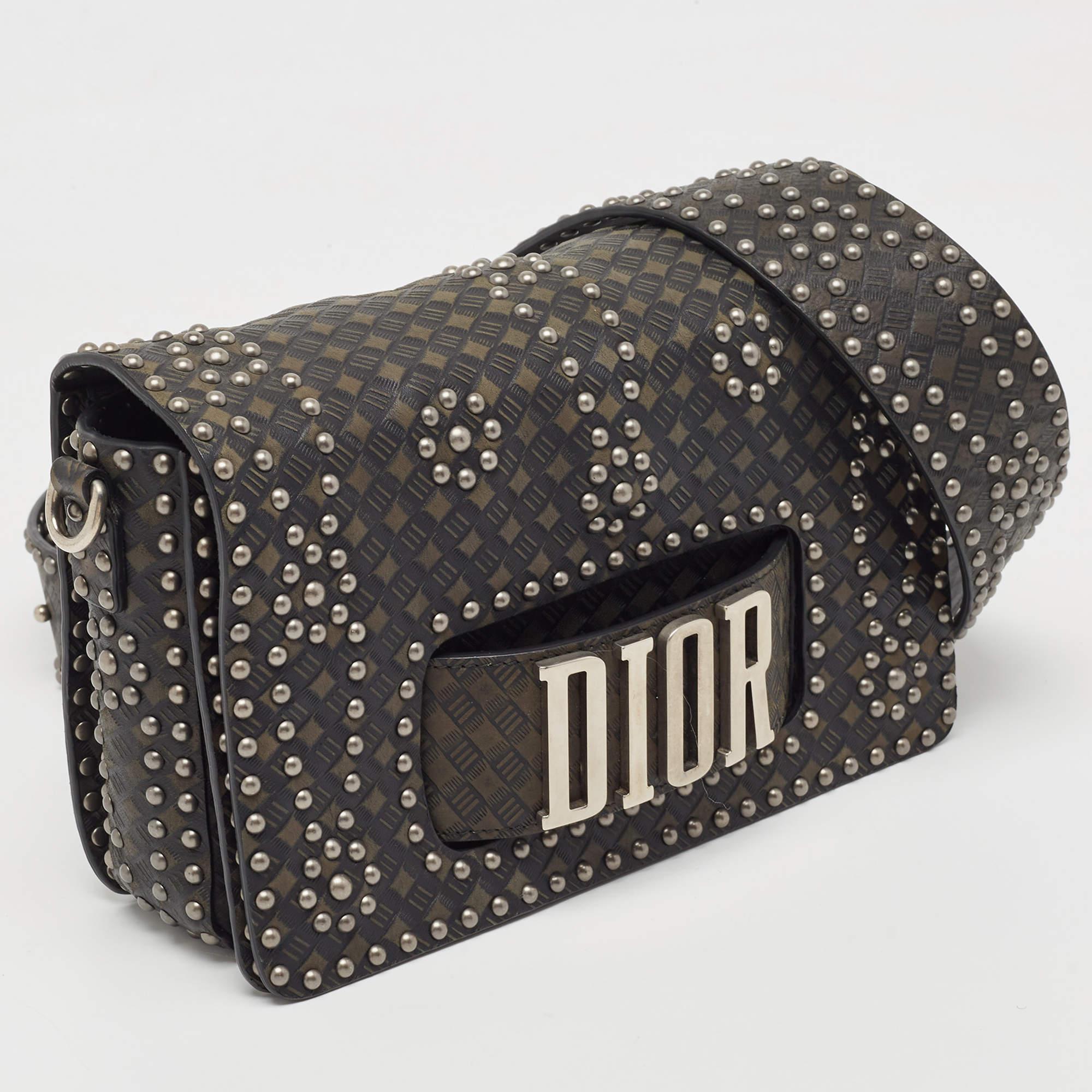 Dior Green/Black Studded Leather Medium Dio(r)evolution J'Adior Chain Bag For Sale 1