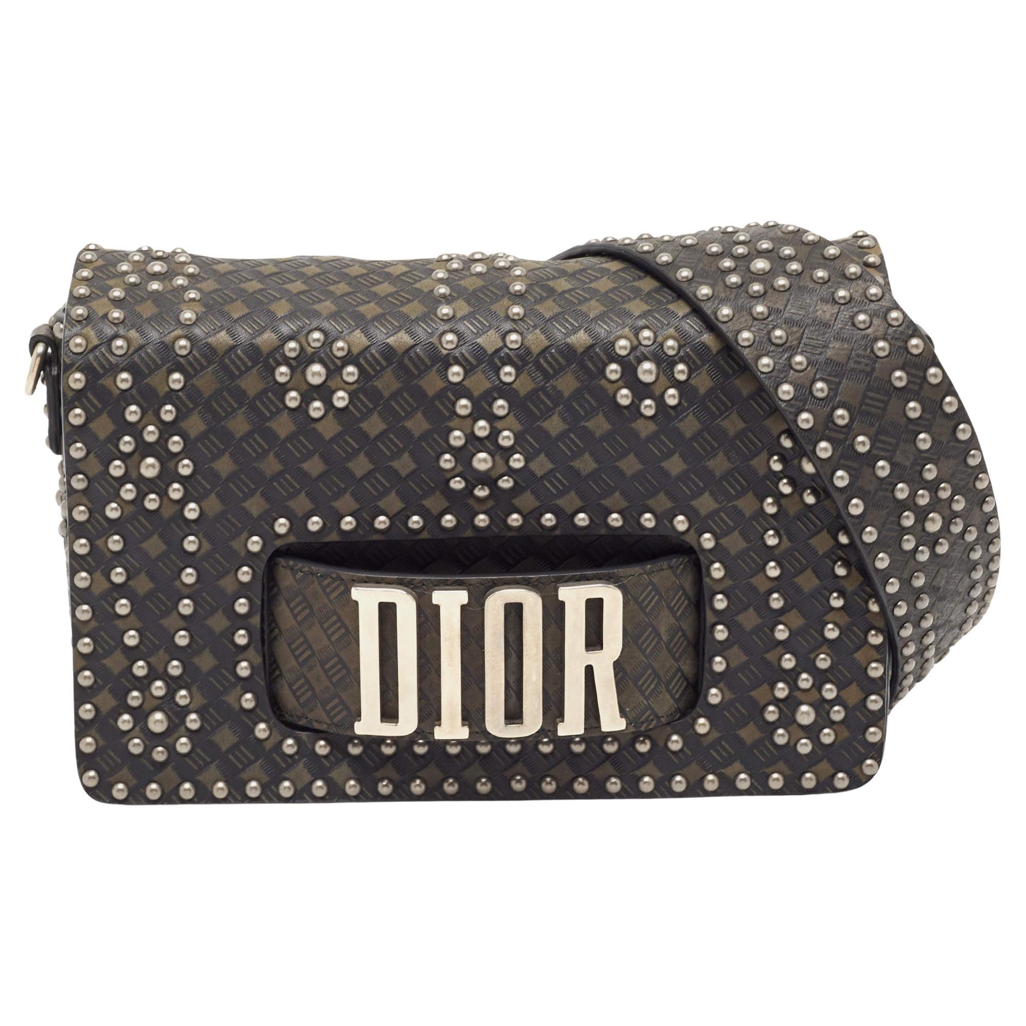 Dior Green/Black Studded Leather Medium Dio(r)evolution J'Adior Chain Bag For Sale