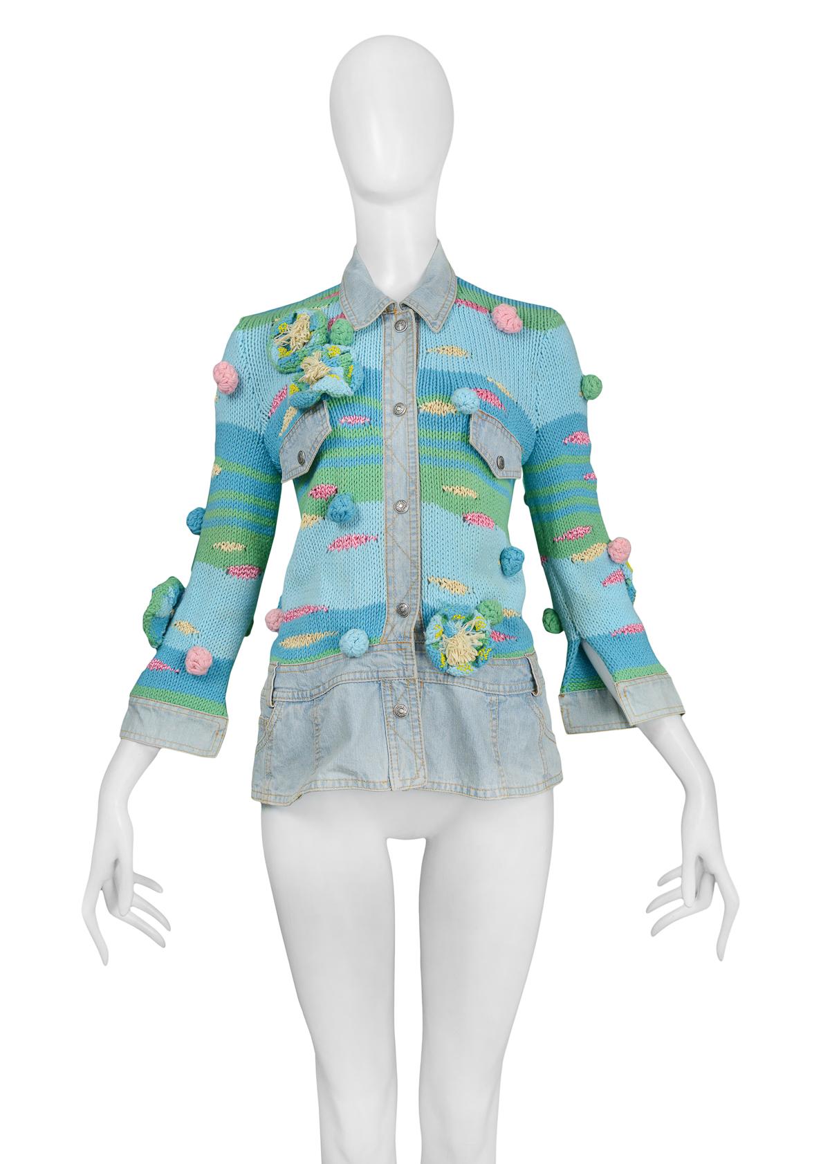 Resurrection Vintage is excited to offer a vintage Christian Dior by John Galliano green & blue knit jacket featuring denim details, raffia floral appliqués and button center front closure.

Christian Dior
Designed By John Galliano 
Size 38
Bust
