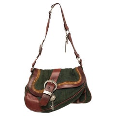 Dior Green/Brown Canvas and Leather Large Gaucho Double Saddle Bag