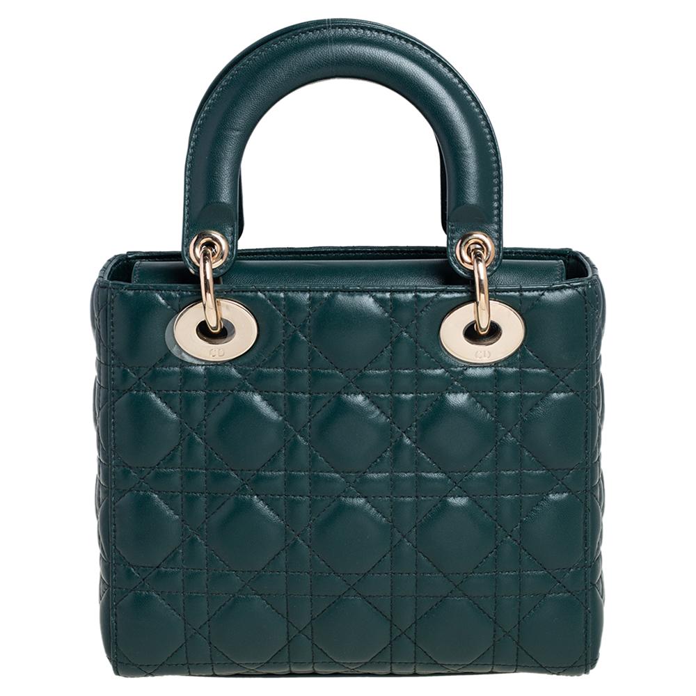Black Dior Green Cannage Leather Small My Lady Dior Tote