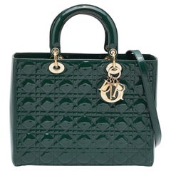 Dior Green Cannage Patent Leather Large Lady Dior Tote