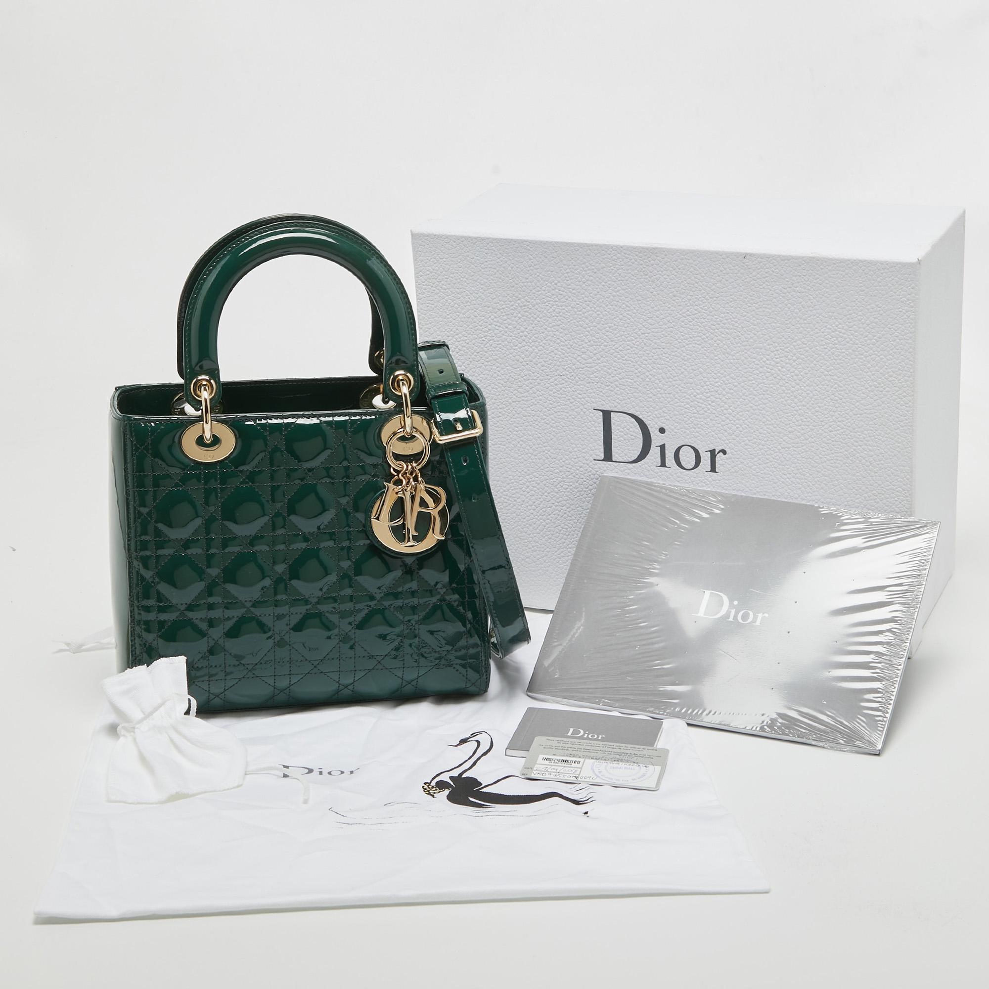 Dior Green Cannage Patent Leather Medium Lady Dior Tote 8