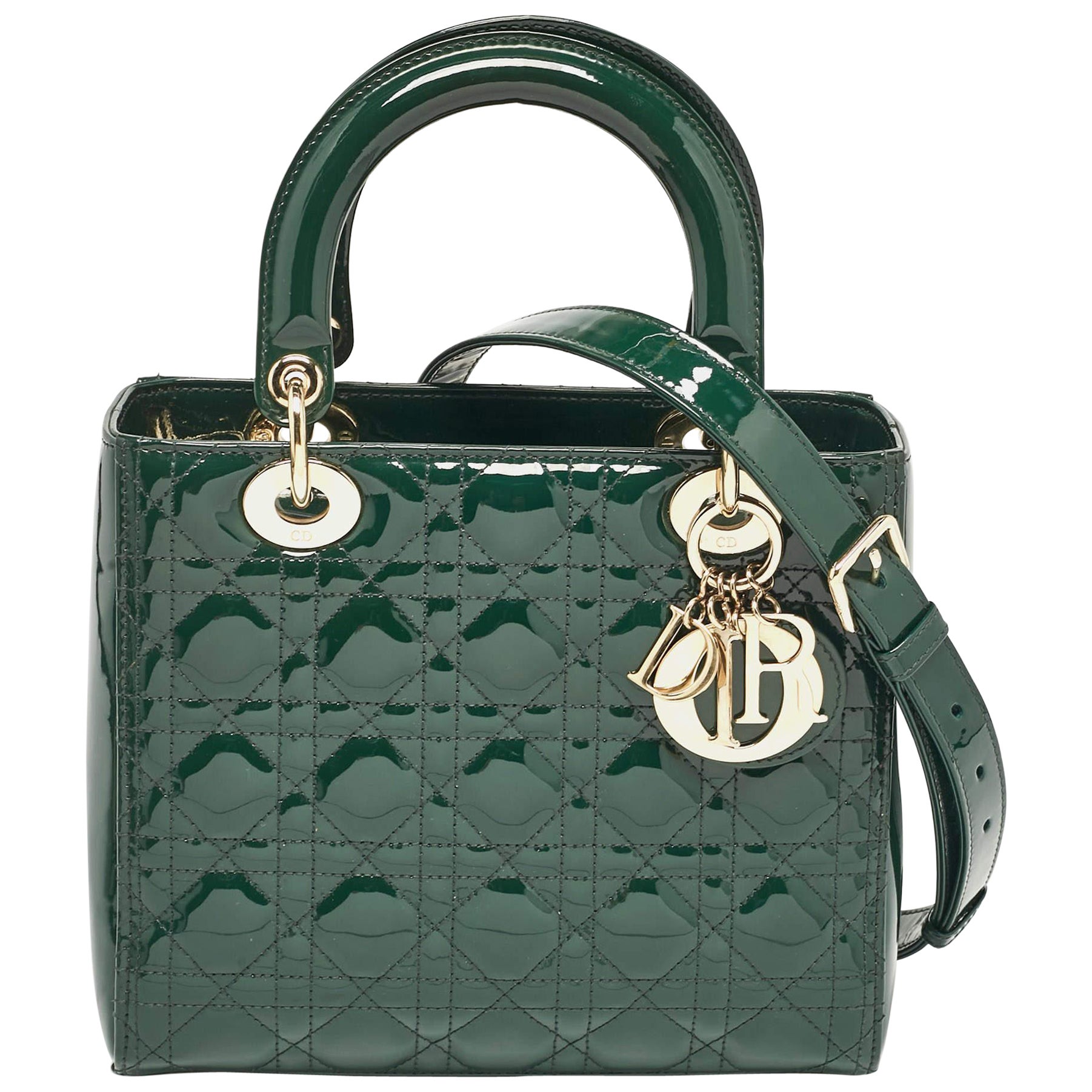 Dior Green Cannage Patent Leather Medium Lady Dior Tote
