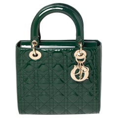 Dior Green Cannage Patent Leather Medium Lady Dior Tote