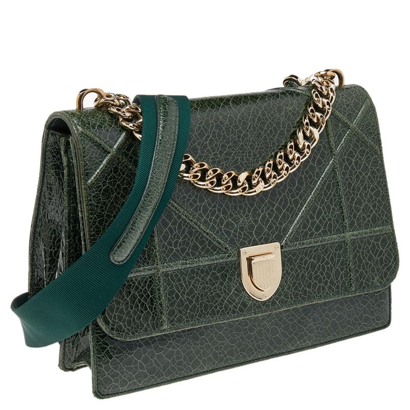 Gray Dior Green Crackle Leather Large Diorama Flap Shoulder bag