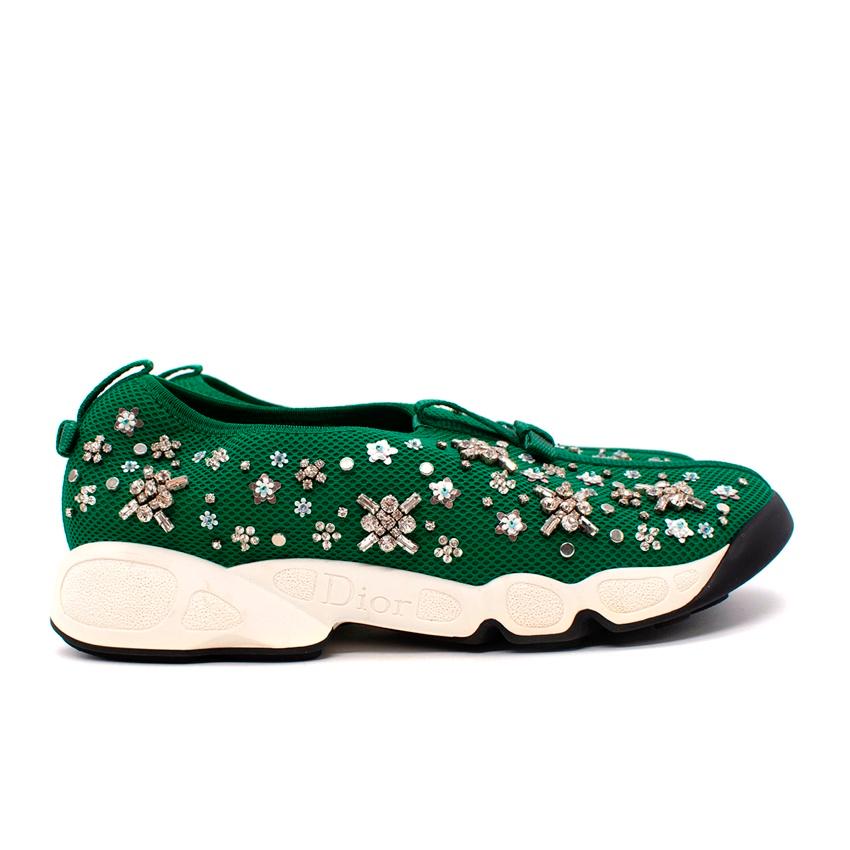 Dior Green Embellished Mesh Fusion Slip-On Sneakers
 

 - Crafted from a vivid green sports mesh, adorned with crystals and beadwork in floral motifs
 - Sculpted rubber soles
 - Logo on midsole
 - Slip-on style
 

 Materials 
 100% Mesh 
 100%