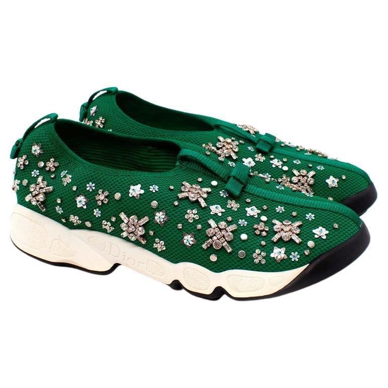 Dior Green Embellished Mesh Fusion Slip-On Sneakers For Sale