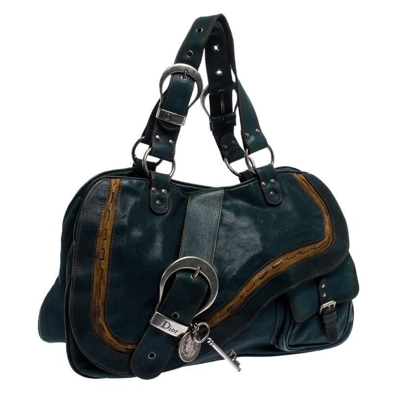 Dior Green Leather Large Gaucho Double Saddle Shoulder Bag In Good Condition In Dubai, Al Qouz 2
