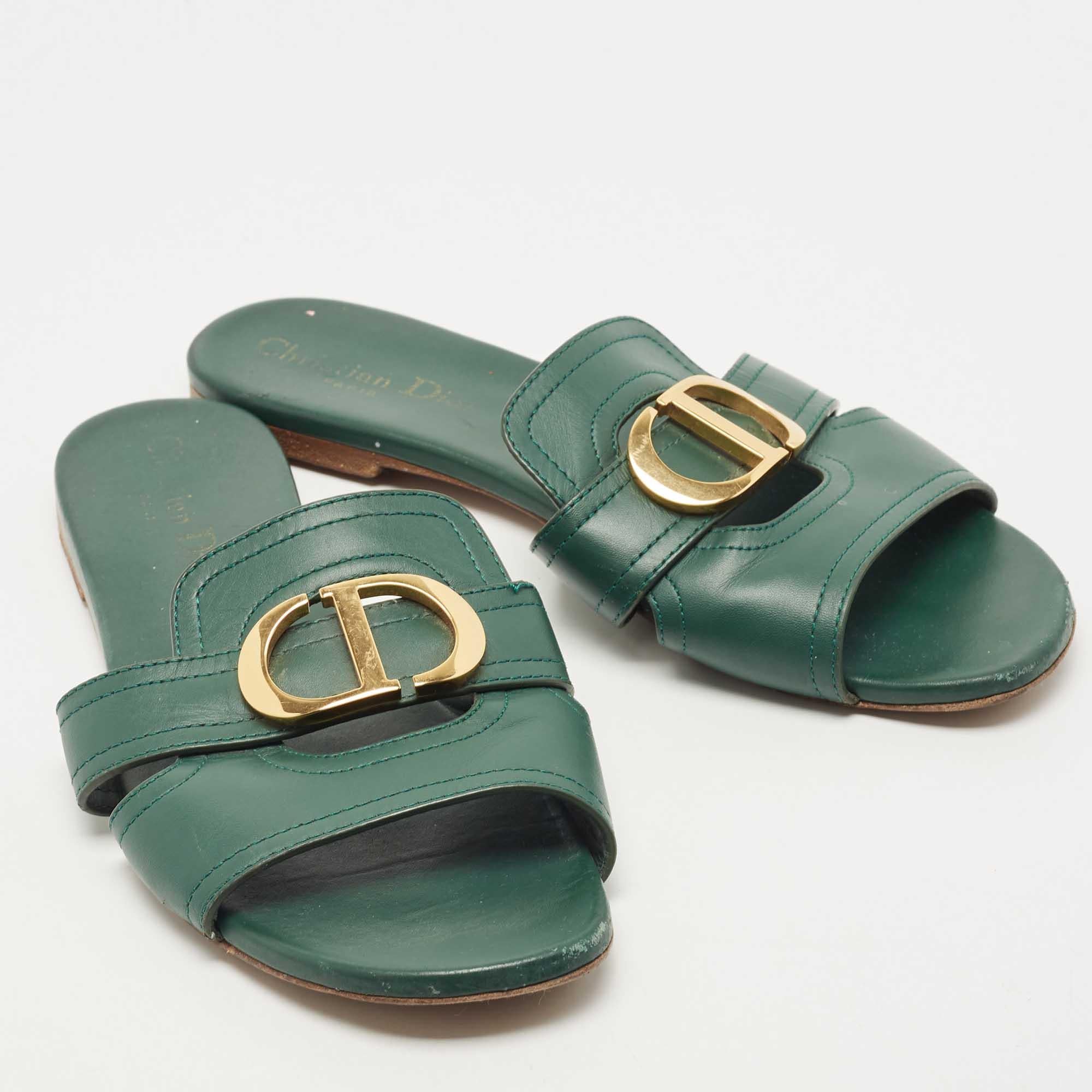 Gray Dior Green Leather Montaigne Flat Slides Size 38