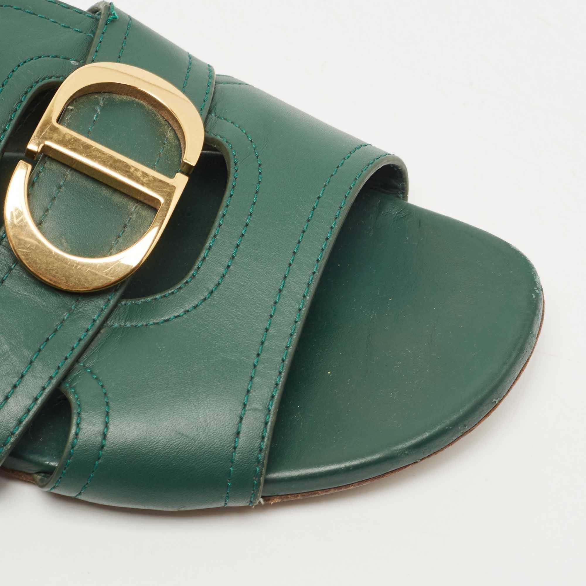 Women's Dior Green Leather Montaigne Flat Slides Size 38