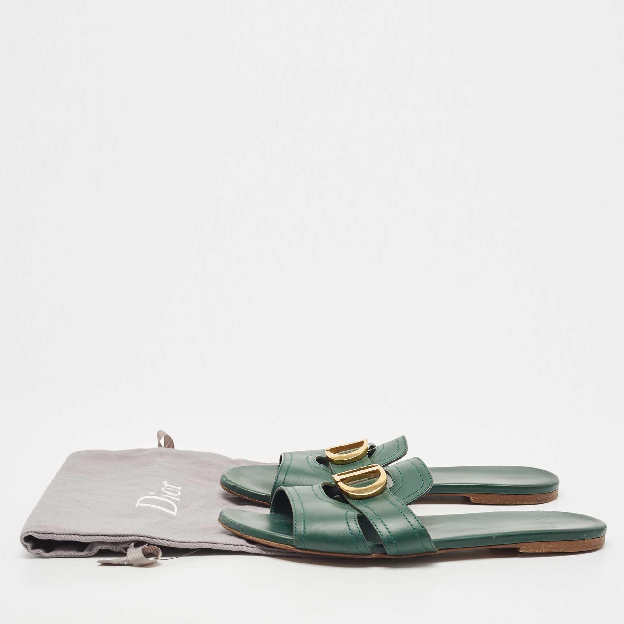 Dior Green Leather Montaigne Flat Slides Size 38 1