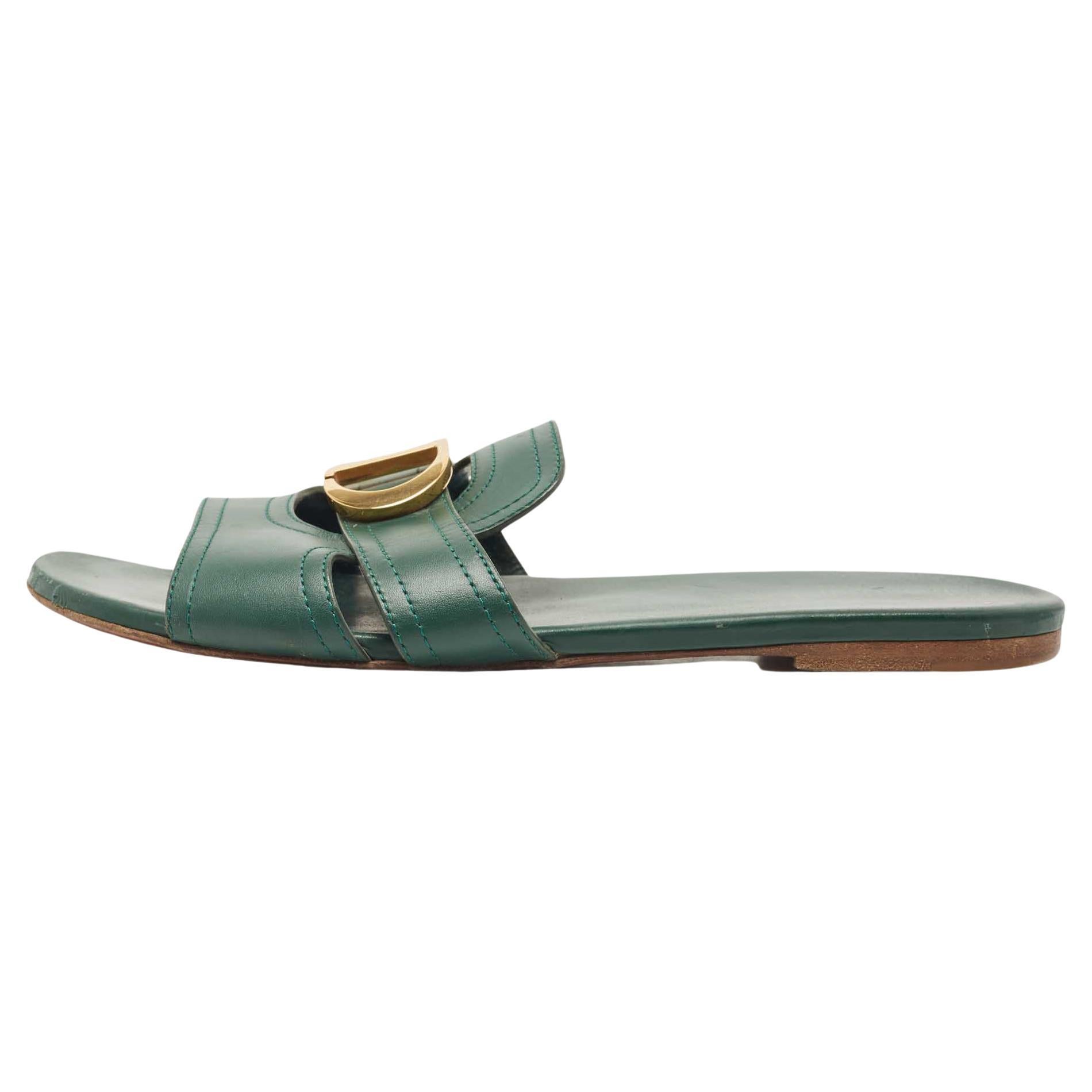 Dior Green Leather Montaigne Flat Slides Size 38