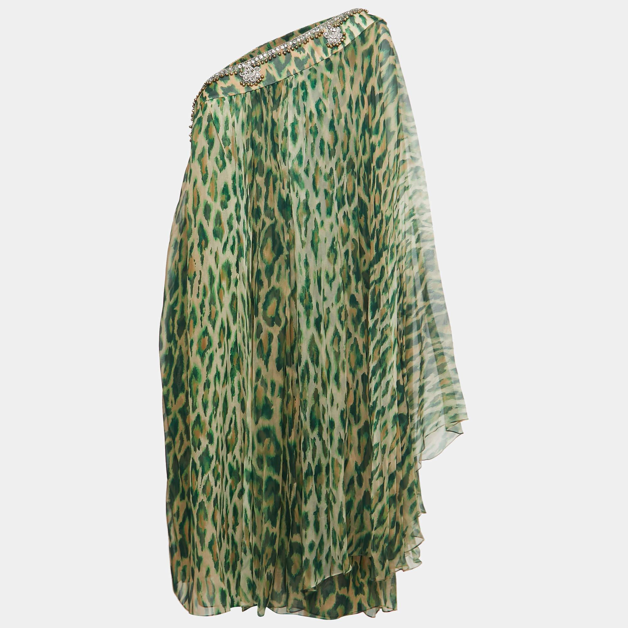 Dior Green Leopard Print Embellished Silk One Shoulder Short Dress XL In Good Condition In Dubai, Al Qouz 2