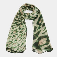 Dior Green Leopard Print Silk Scarf