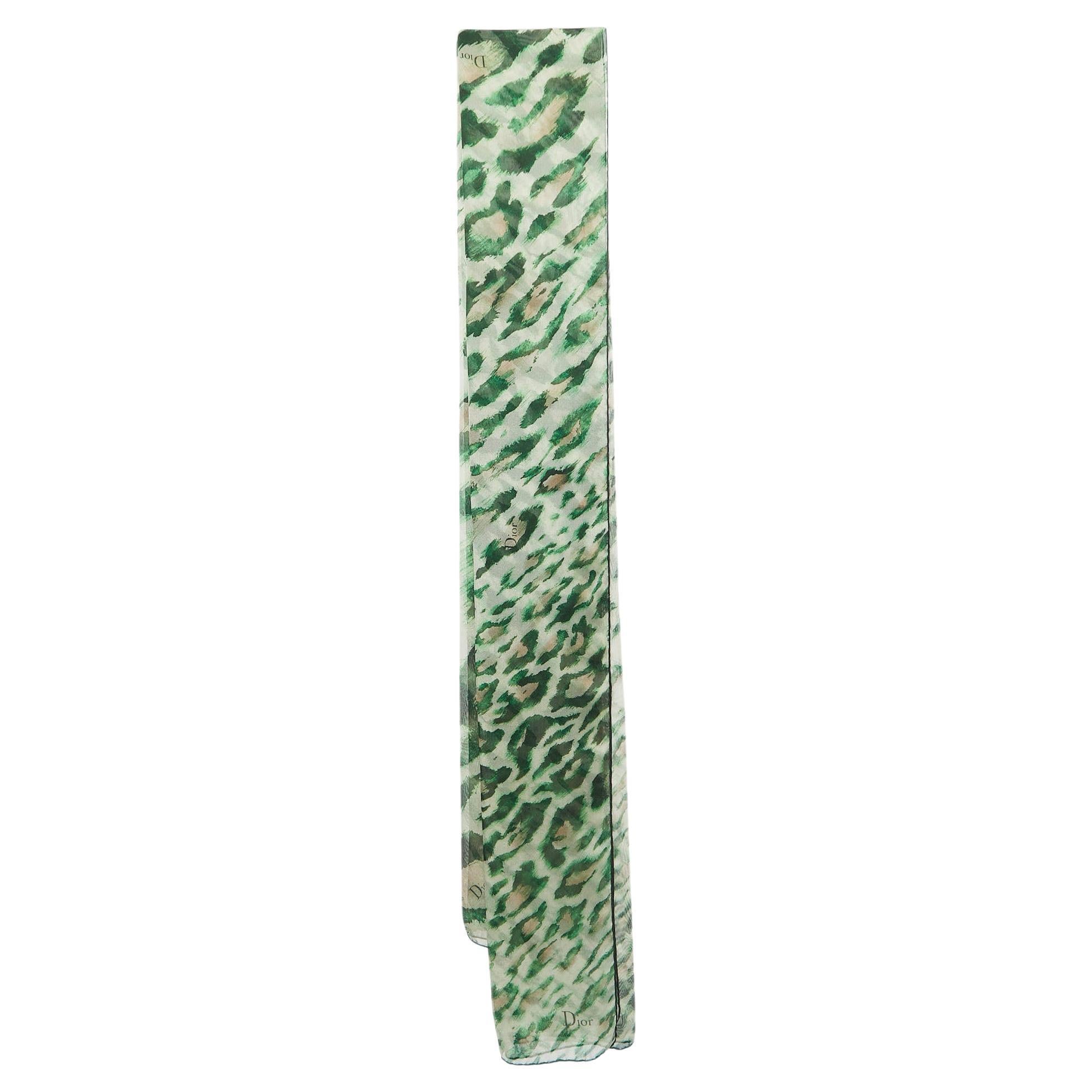 Dior Green Leopard Print Silk Scarf For Sale