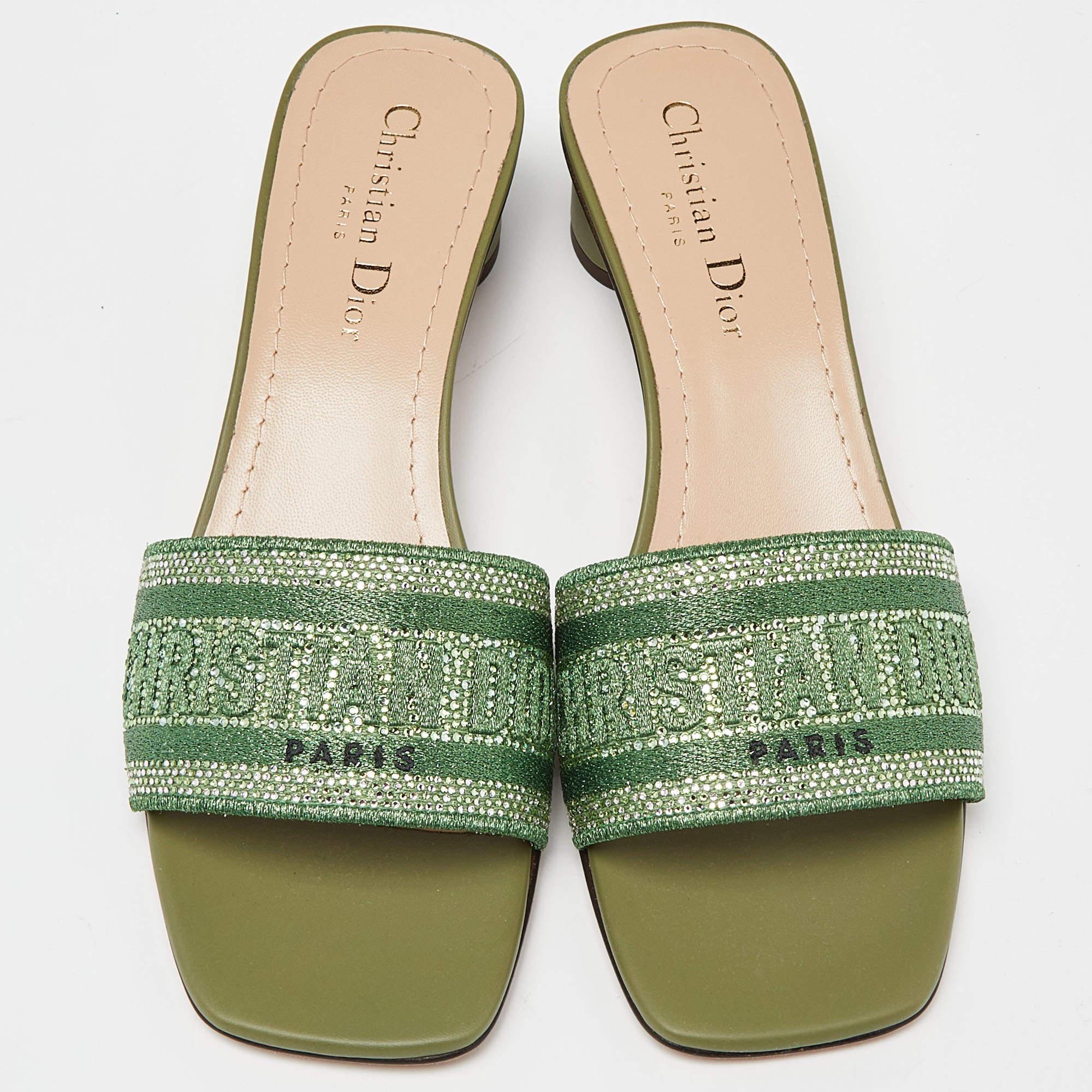 Gray Dior Green Logo Embroidered Canvas Dway Slide Sandals Size 38