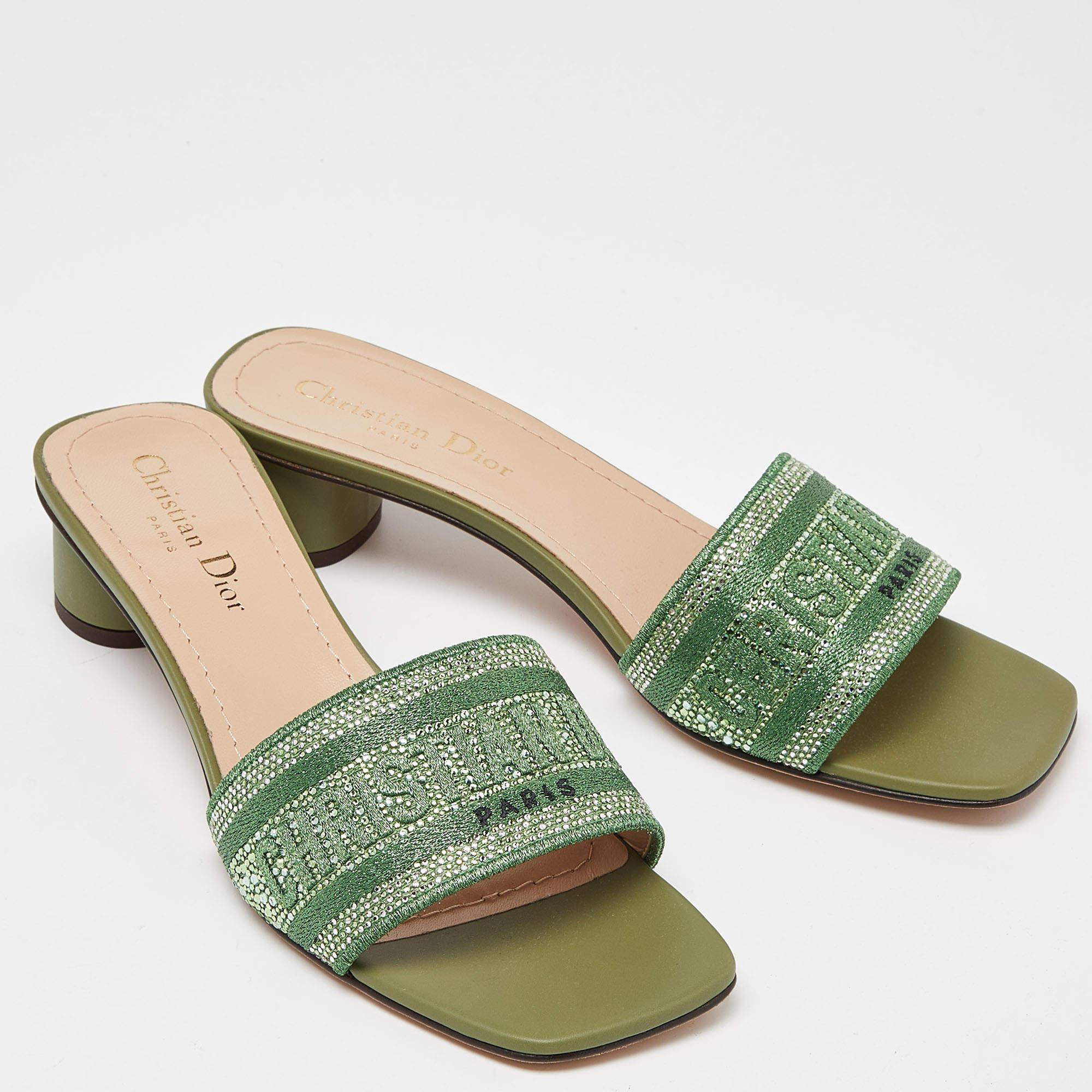Women's Dior Green Logo Embroidered Canvas Dway Slide Sandals Size 38