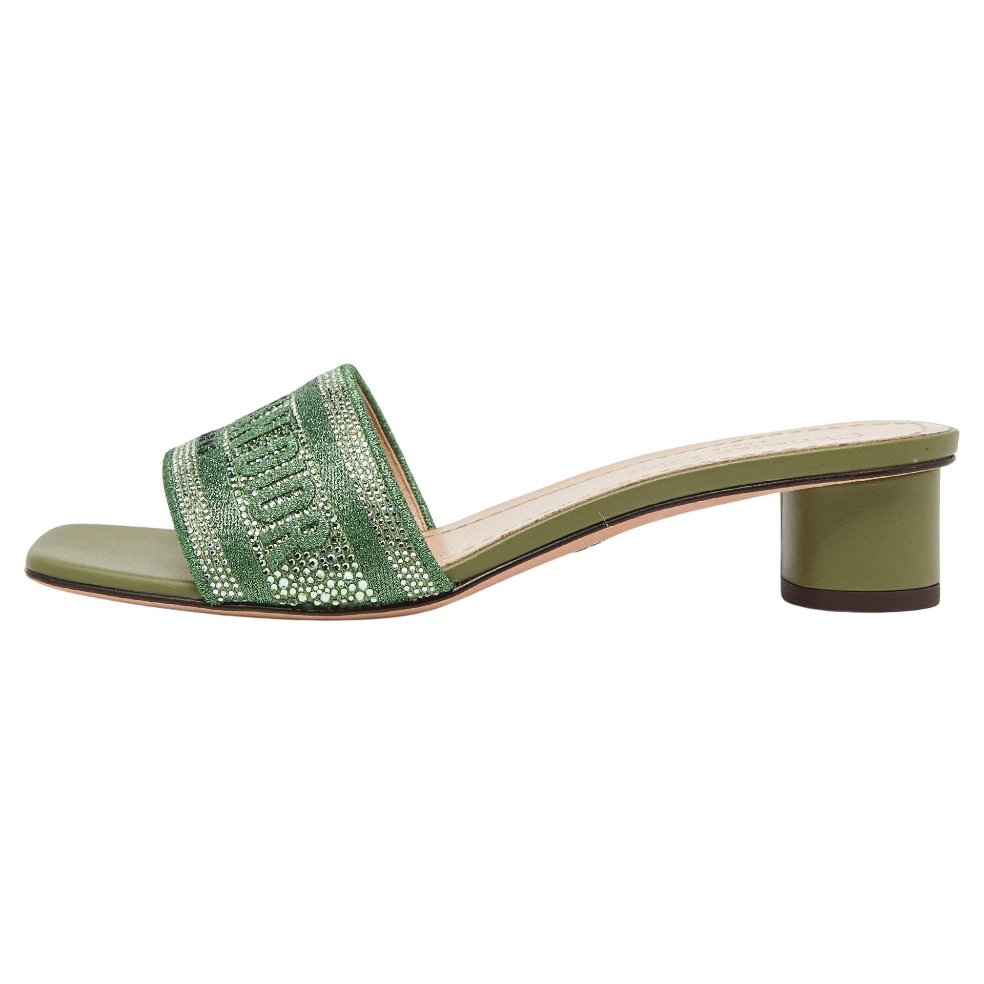 Dior Green Logo Embroidered Canvas Dway Slide Sandals Size 38
