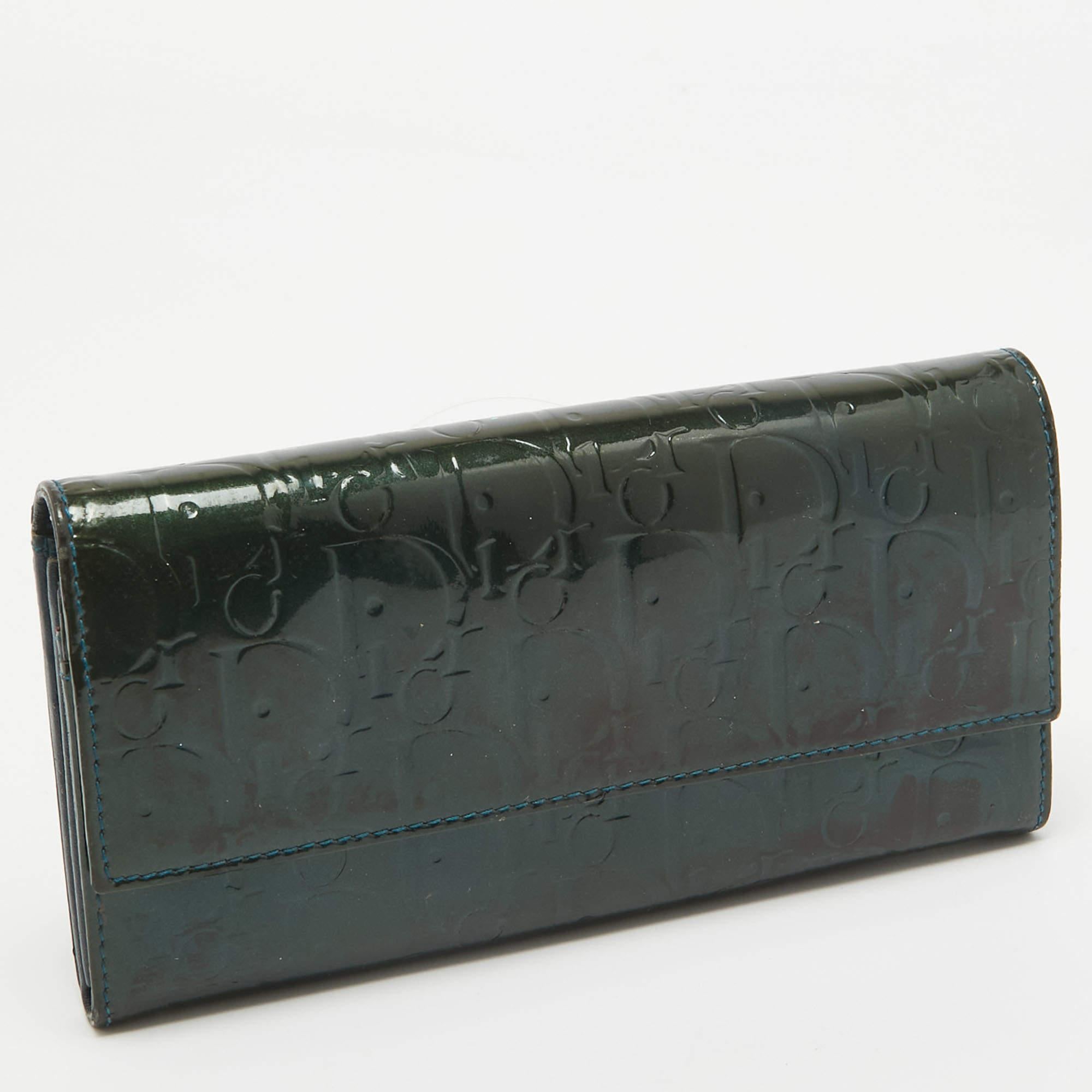 Black Dior Green Oblique Embossed Patent Leather Continental Flap Wallet For Sale
