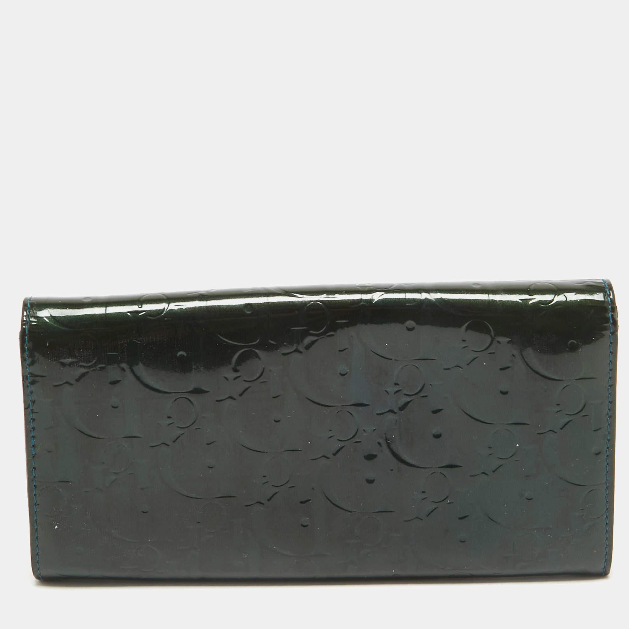 Dior Green Oblique Embossed Patent Leather Continental Flap Wallet In Fair Condition For Sale In Dubai, Al Qouz 2