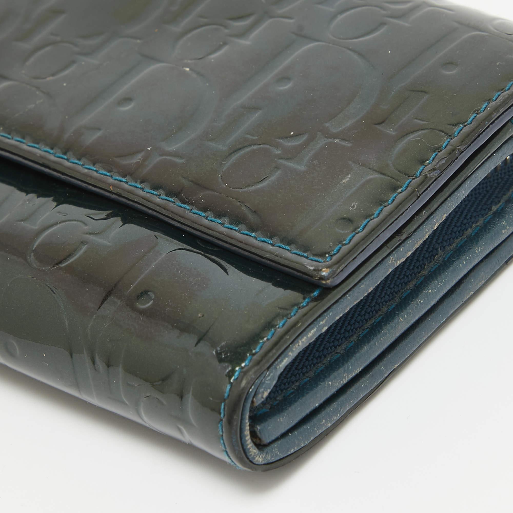 Dior Green Oblique Embossed Patent Leather Continental Flap Wallet For Sale 4