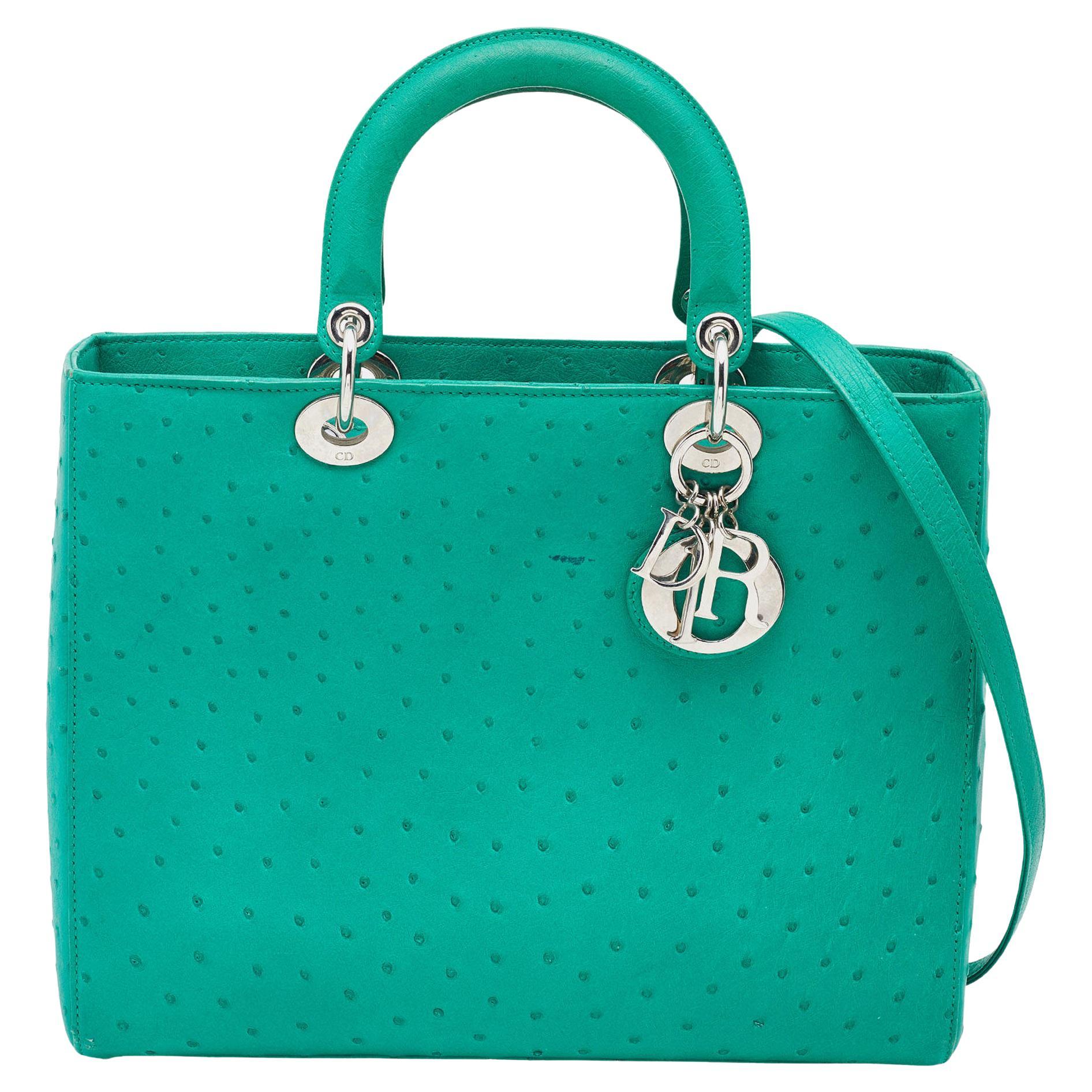 Dior Green Ostrich Large Lady Dior Tote
