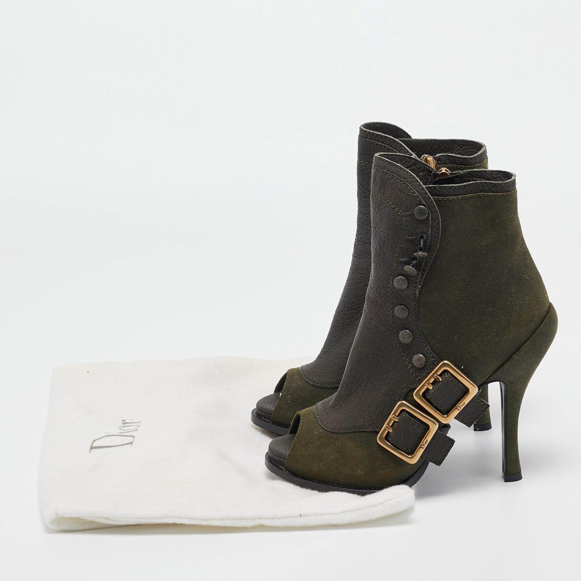 Dior Green Suede and Leather Peep Toe Ankle Boots Size 35.5 For Sale 6