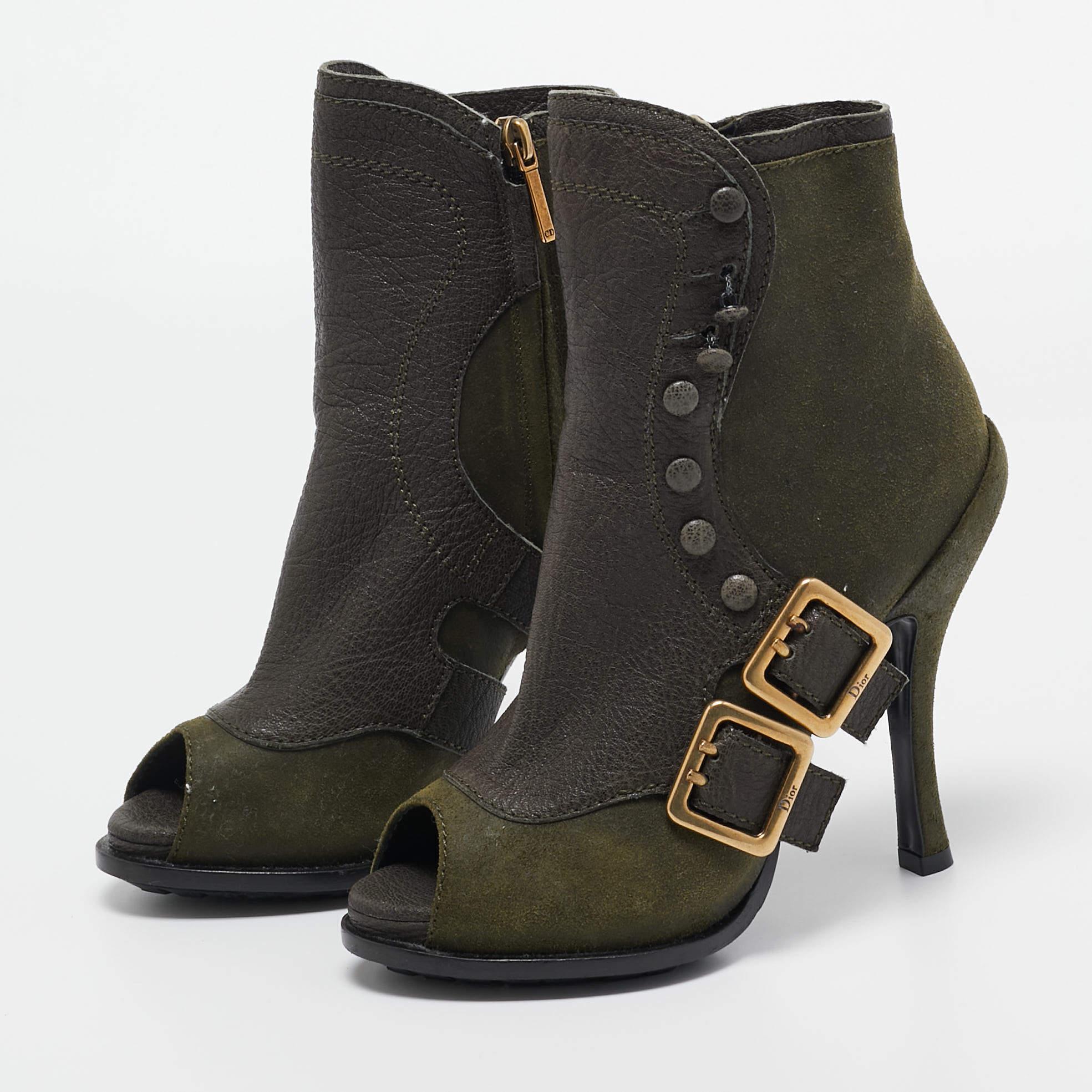 Dior Green Suede and Leather Peep Toe Ankle Boots Size 35.5 For Sale 2