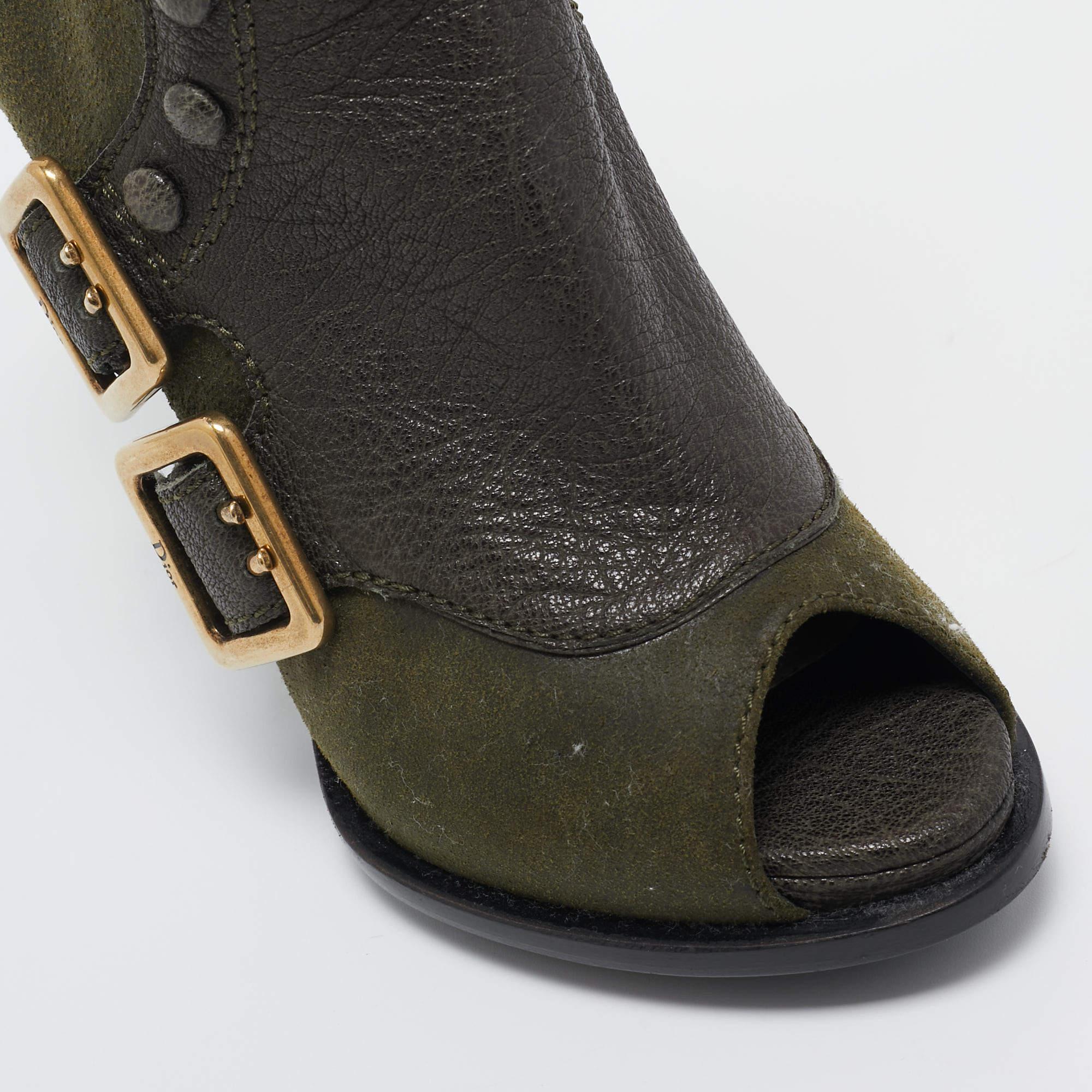 Dior Green Suede and Leather Peep Toe Ankle Boots Size 35.5 For Sale 3