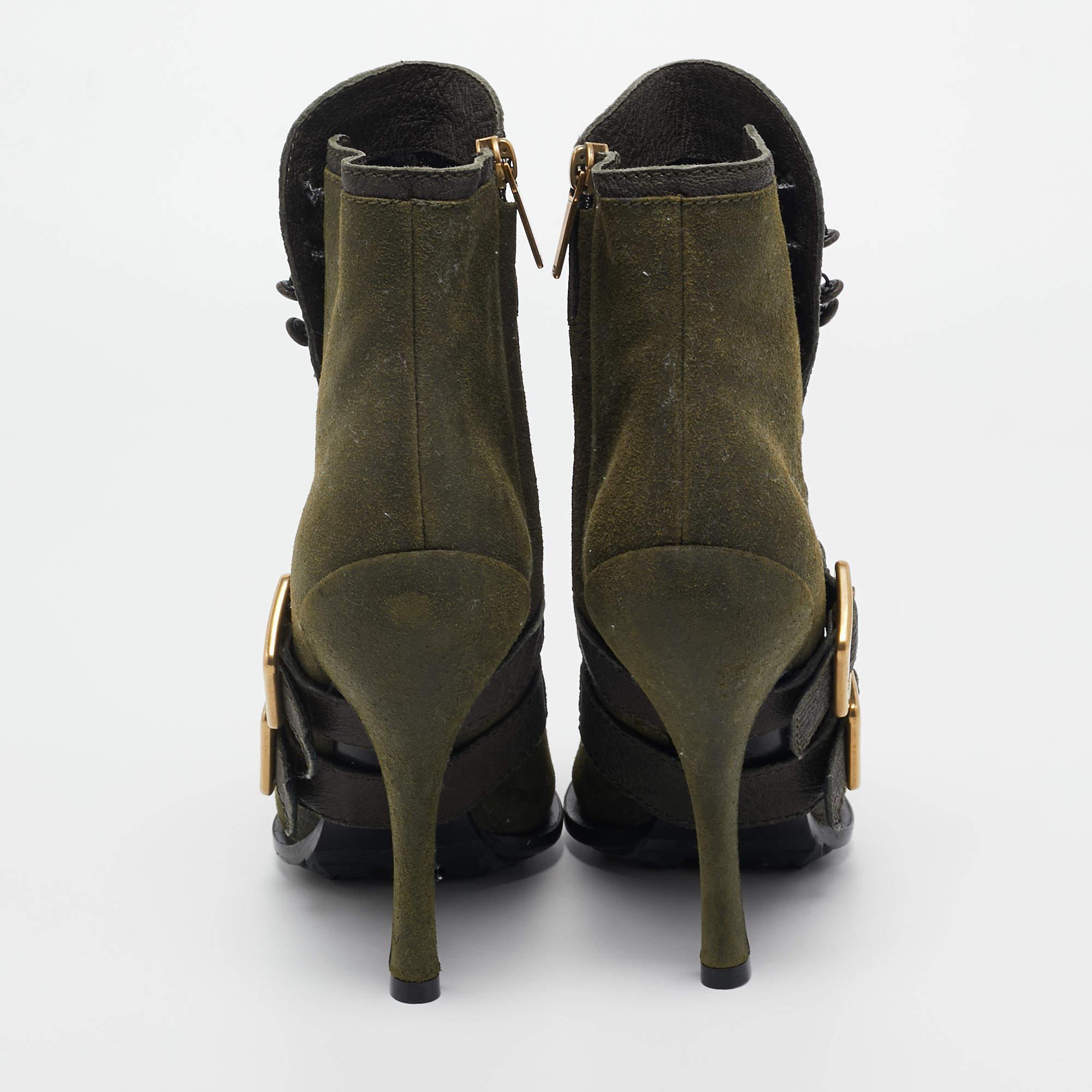 Dior Green Suede and Leather Peep Toe Ankle Boots Size 35.5 For Sale 4