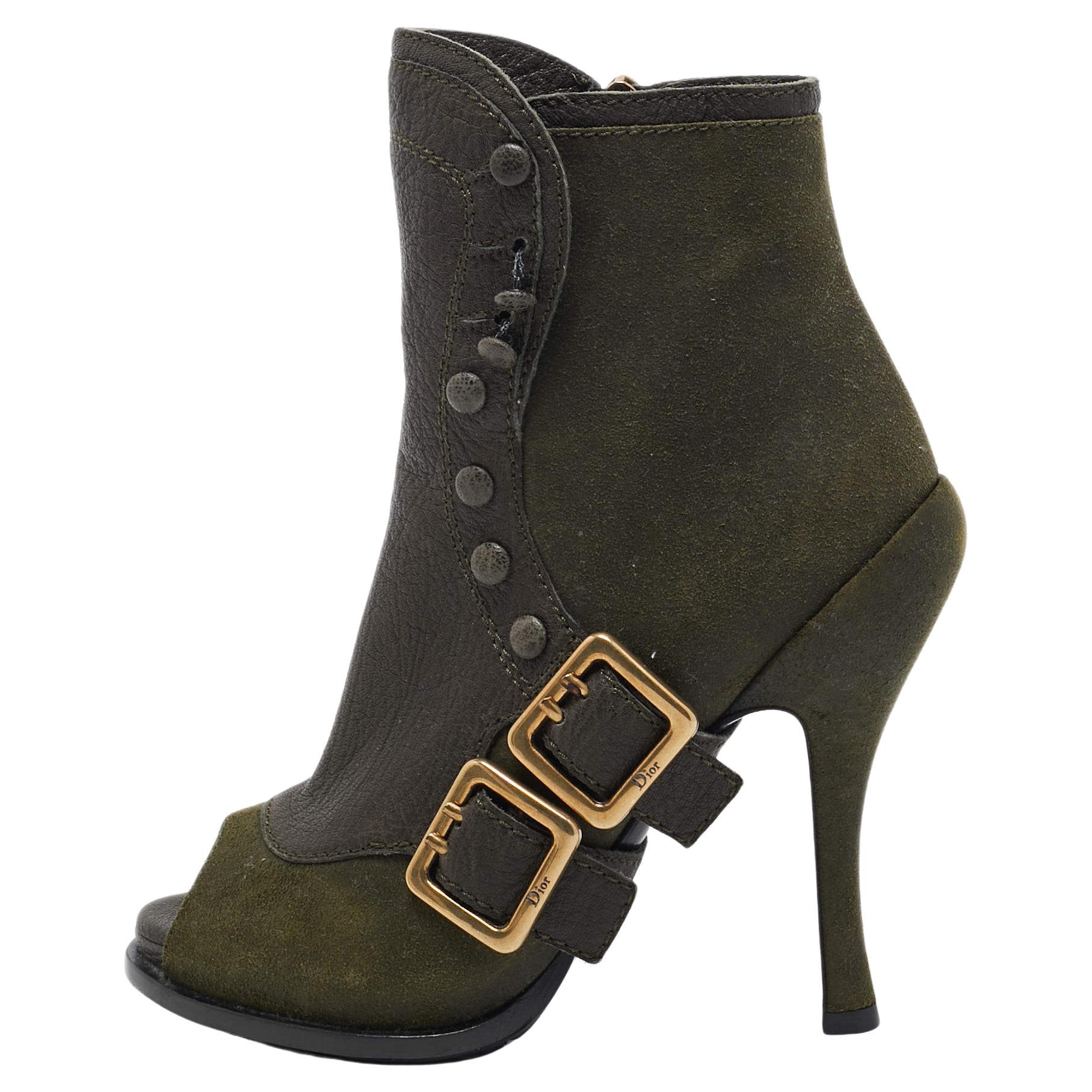 Dior Green Suede and Leather Peep Toe Ankle Boots Size 35.5 For Sale